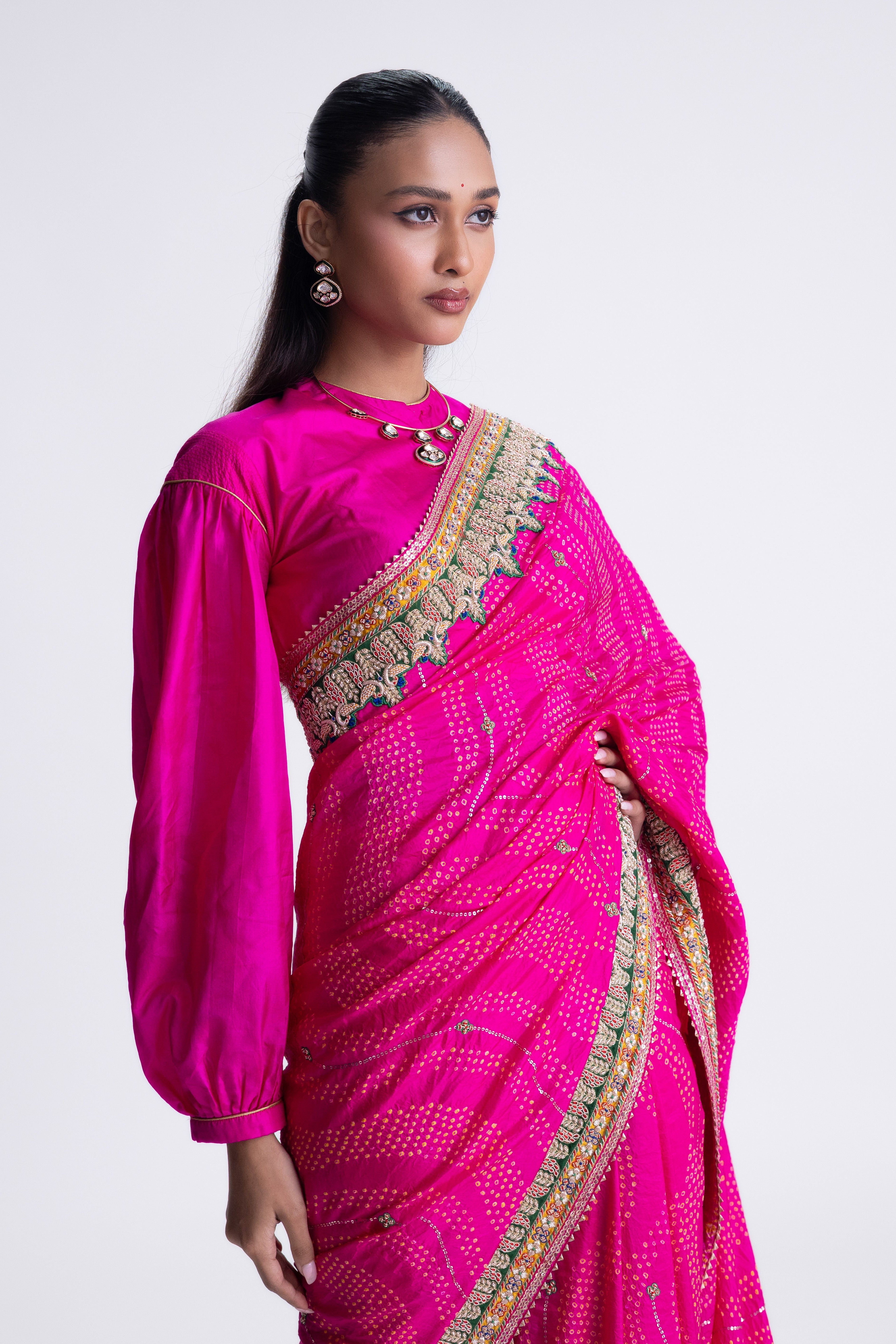 Bandhani Silk Zardozi Embroidery Saree - Rani