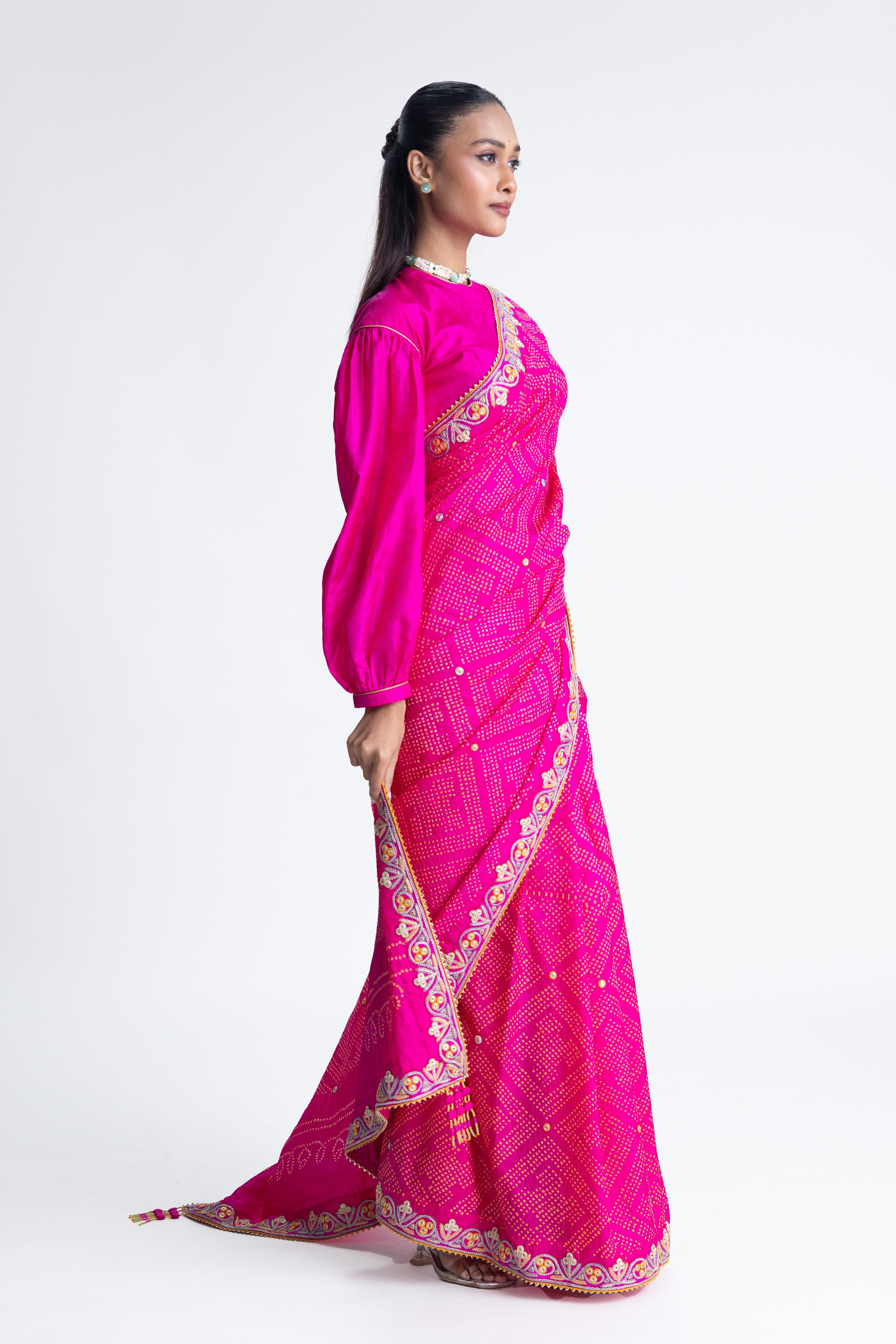 Bandhani Silk French Knot Embroidery Saree - Rani