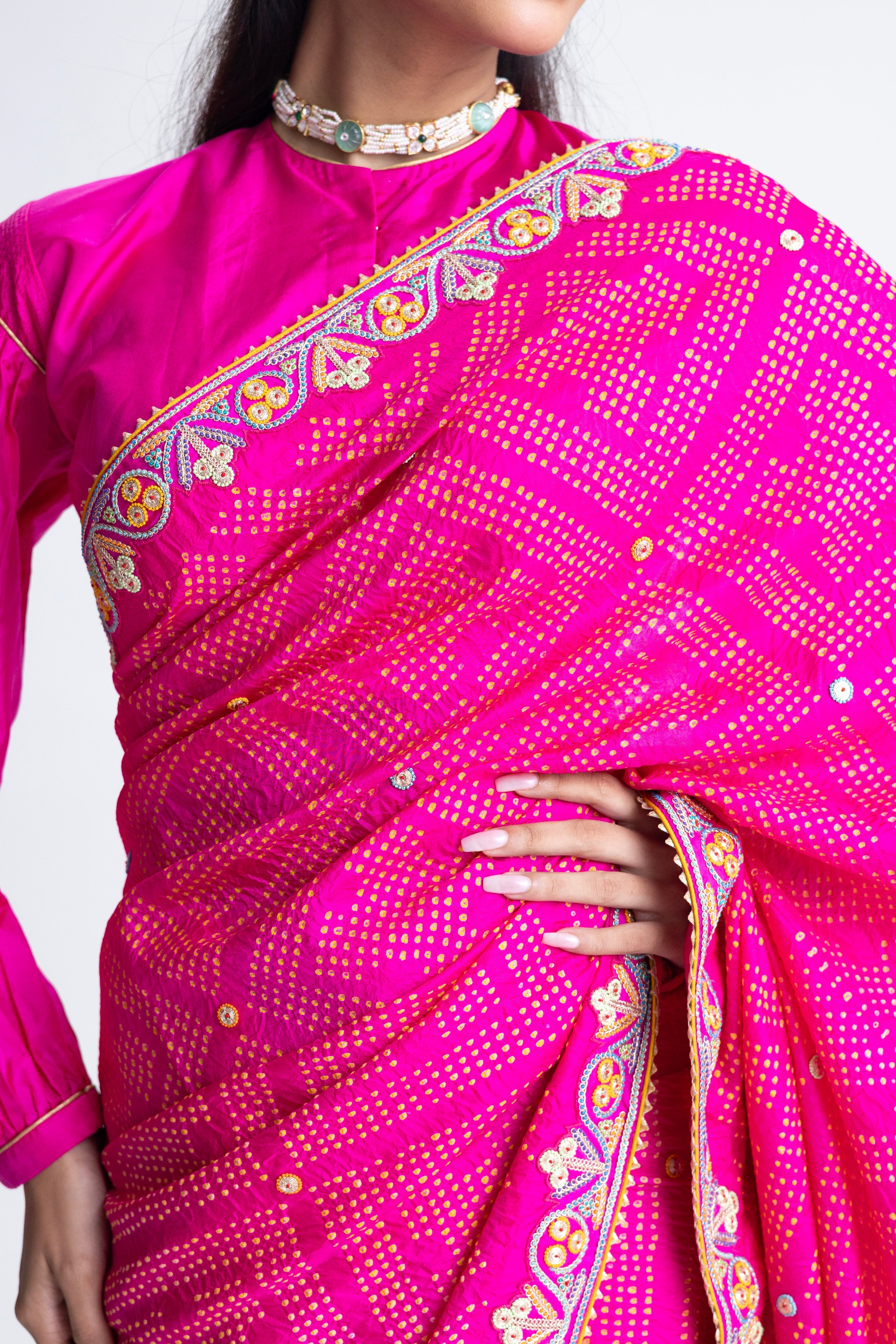 Bandhani Silk French Knot Embroidery Saree - Rani