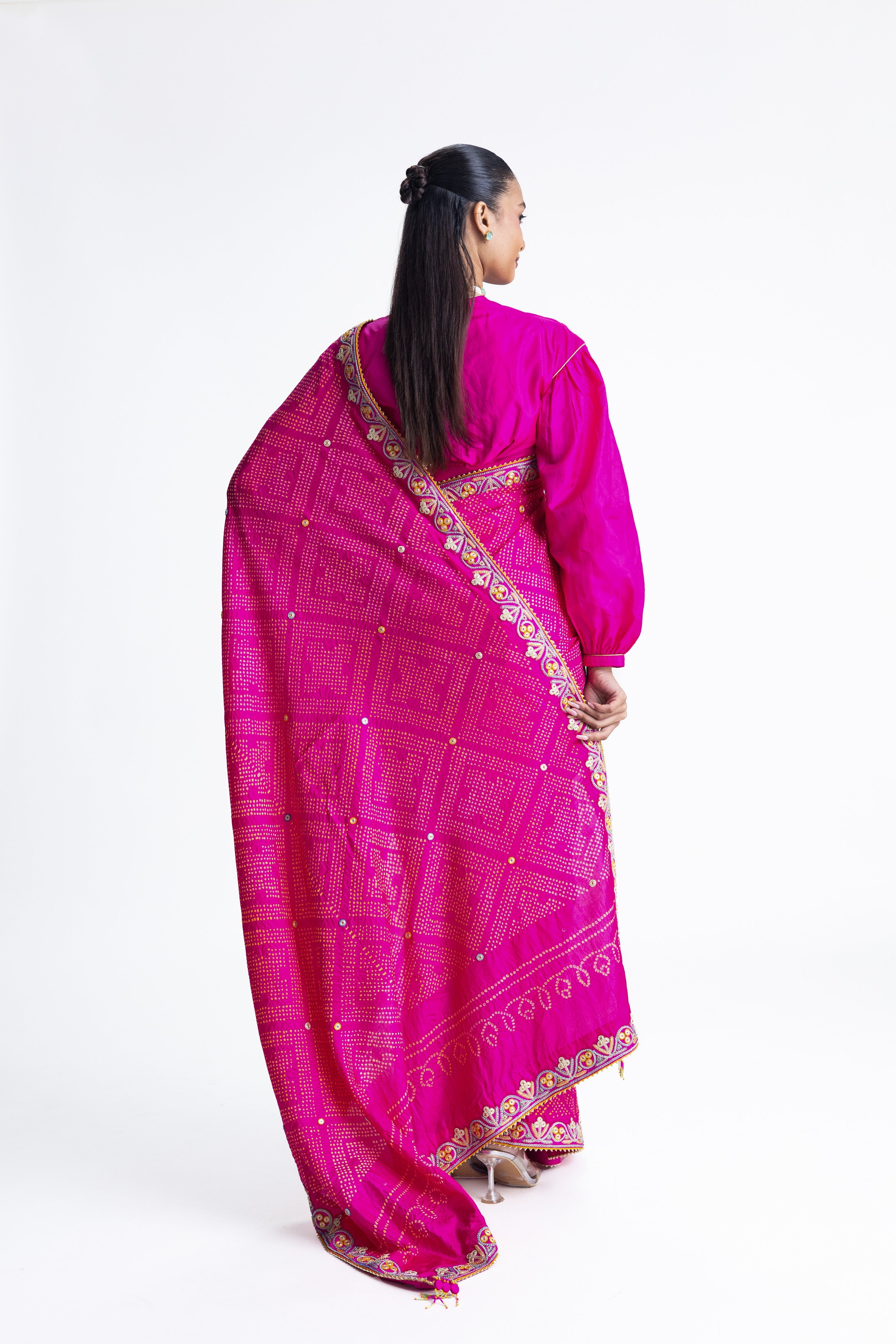 Bandhani Silk French Knot Embroidery Saree - Rani