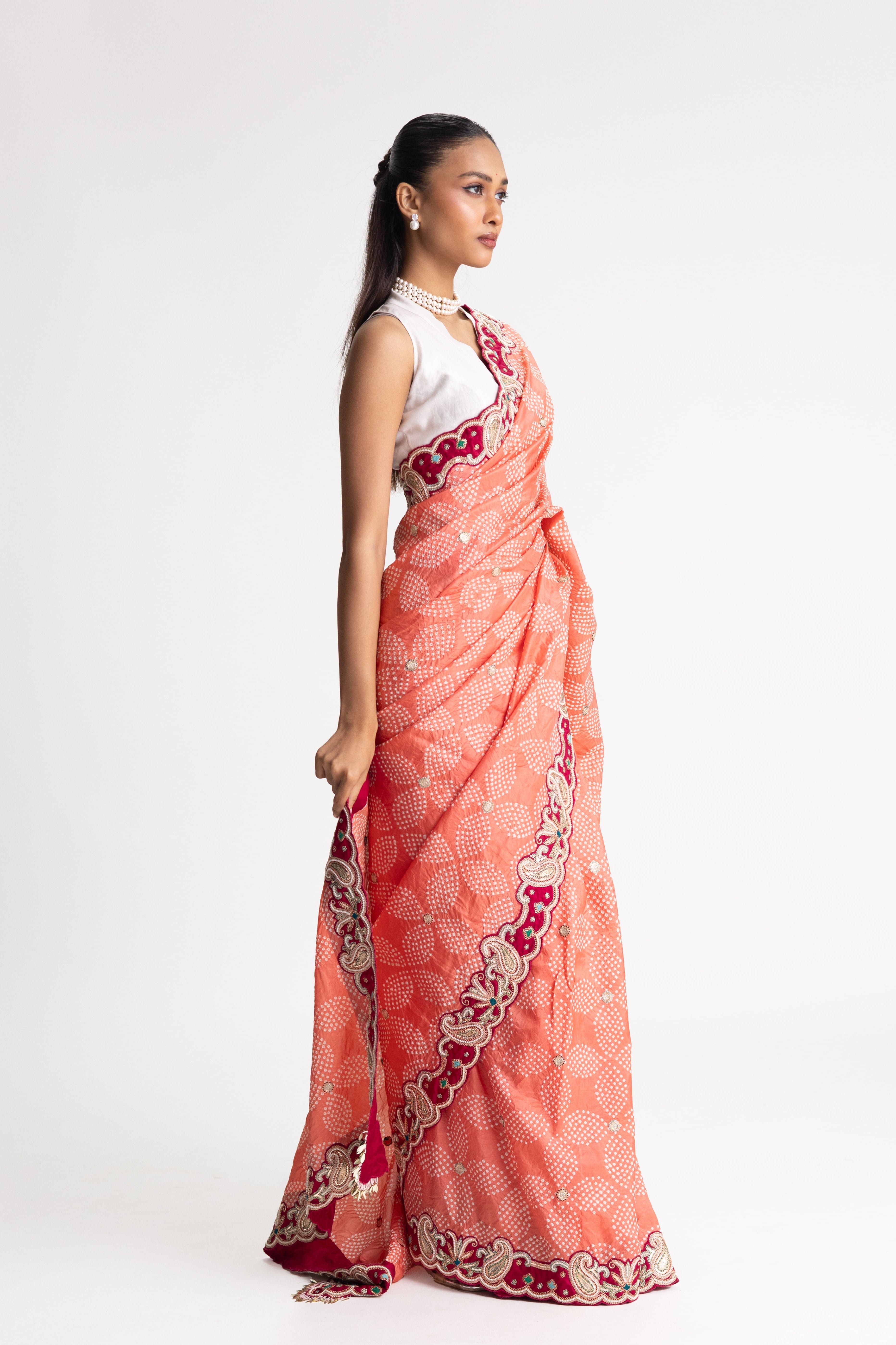 Bandhani Silk Pearl Embroidery Saree - Peach