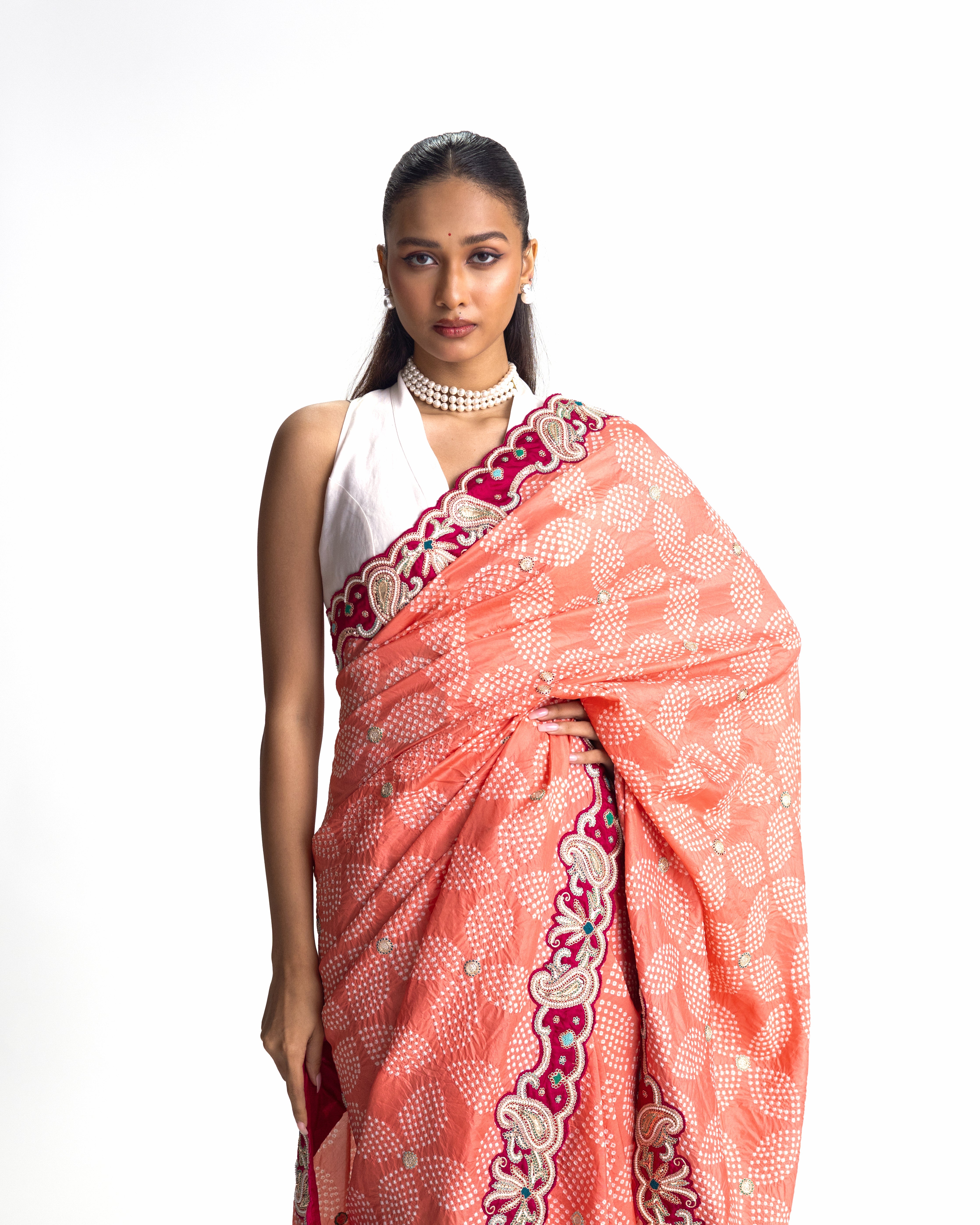 Bandhani Silk Pearl Embroidery Saree - Peach