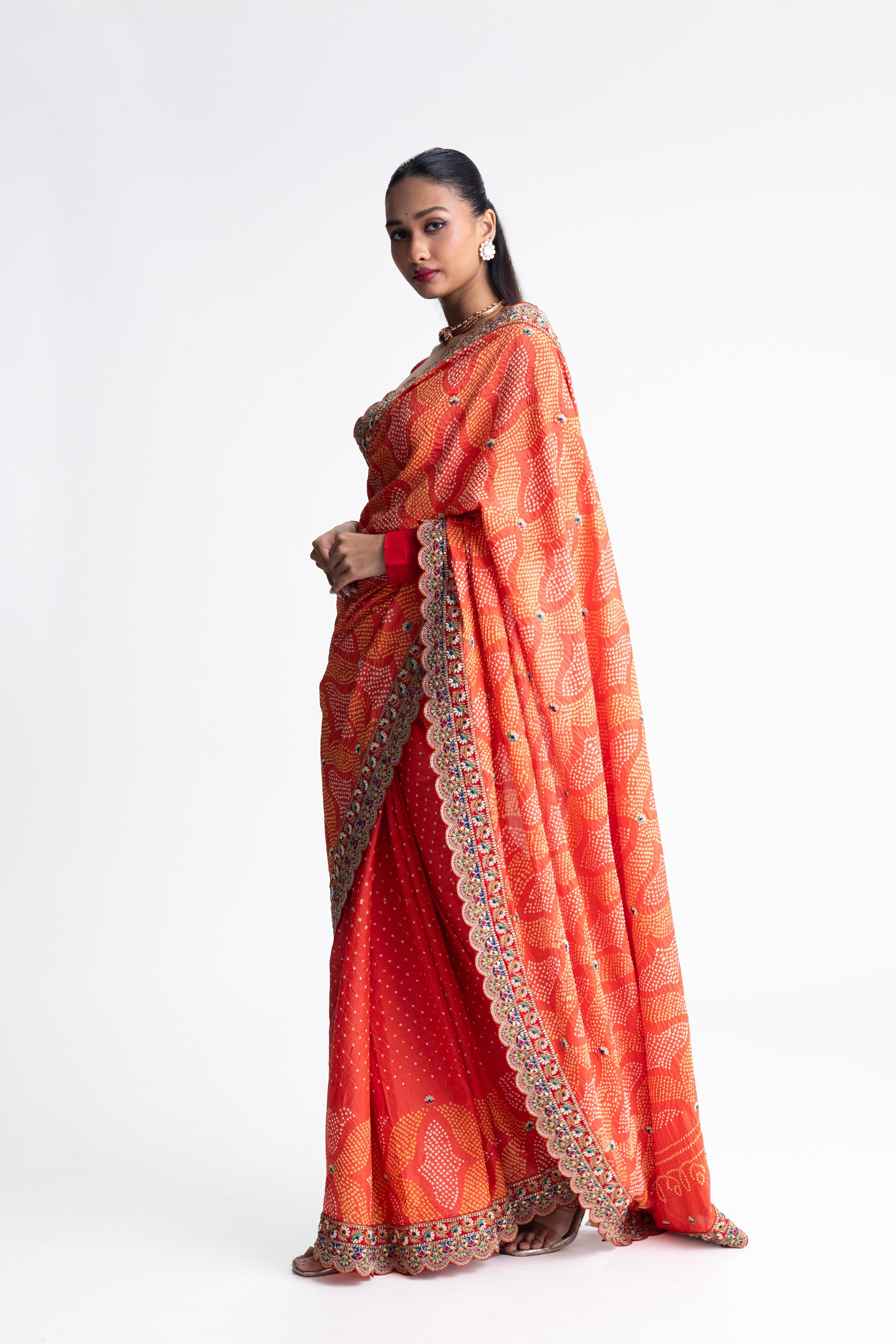 Bandhani Silk Zardozi Embroidery Saree - Orange