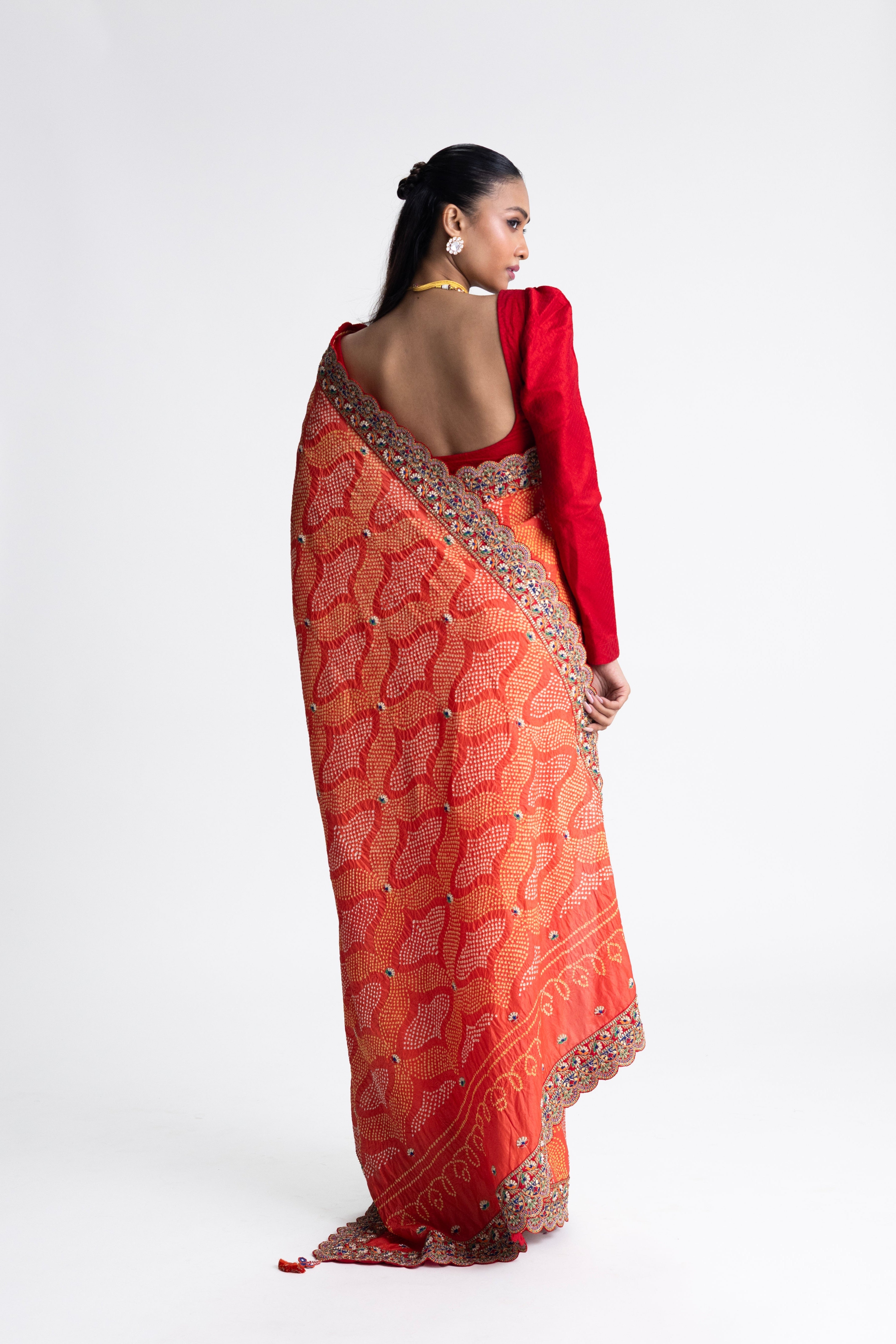 Bandhani Silk Zardozi Embroidery Saree - Orange