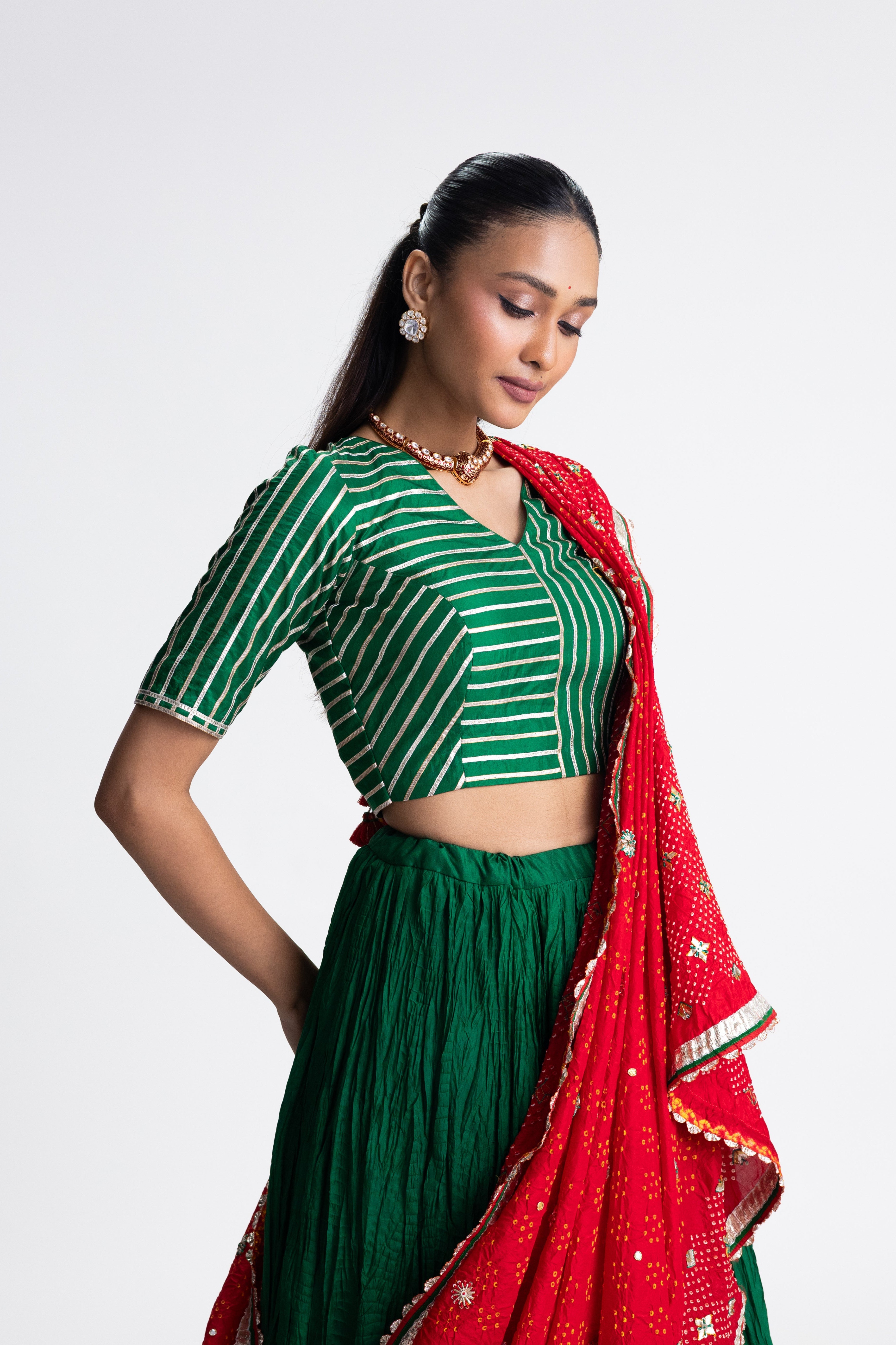 Crushed Green Silk Lehenga Set