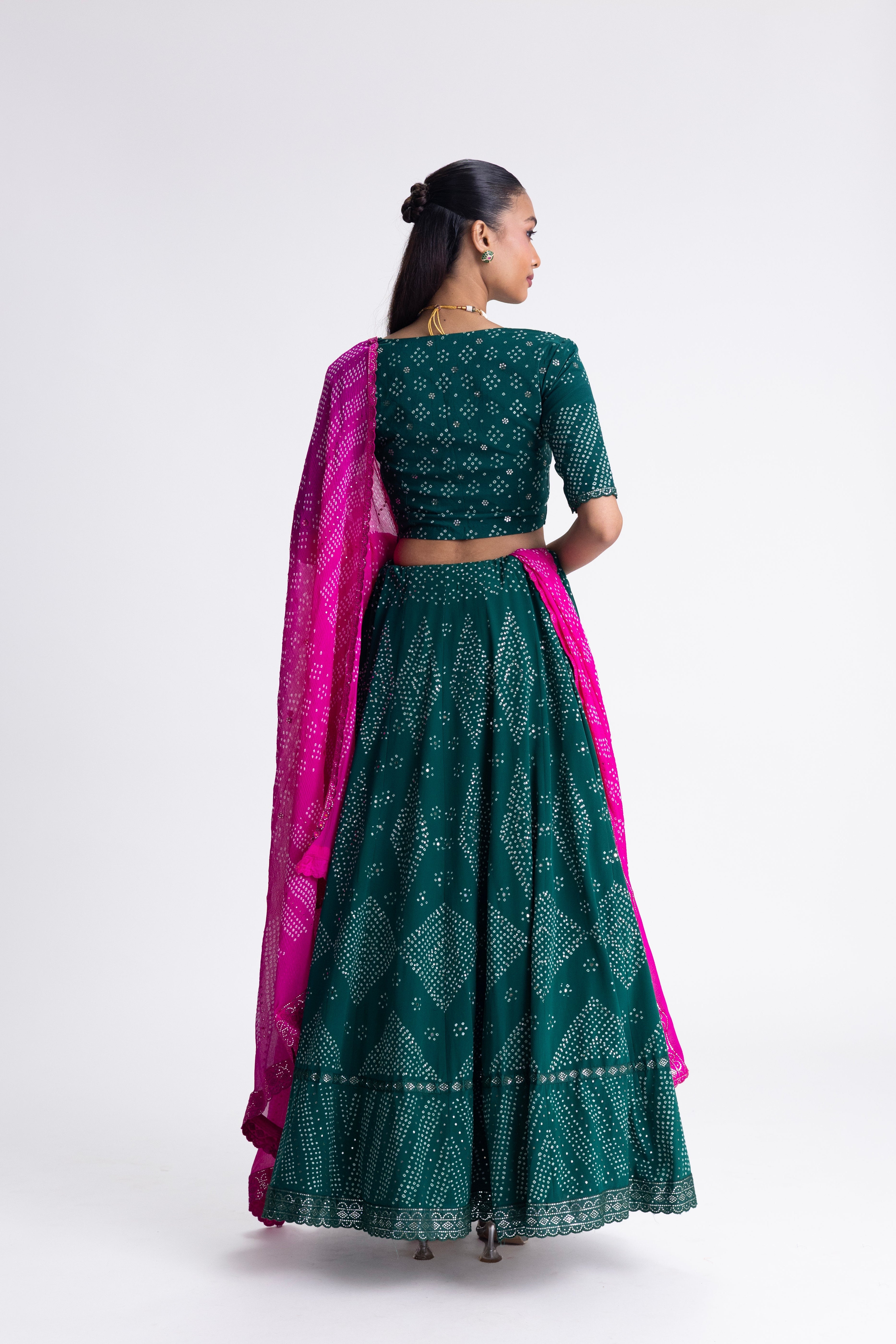 Crepe Bandhani Lehenga Set - Green Rani