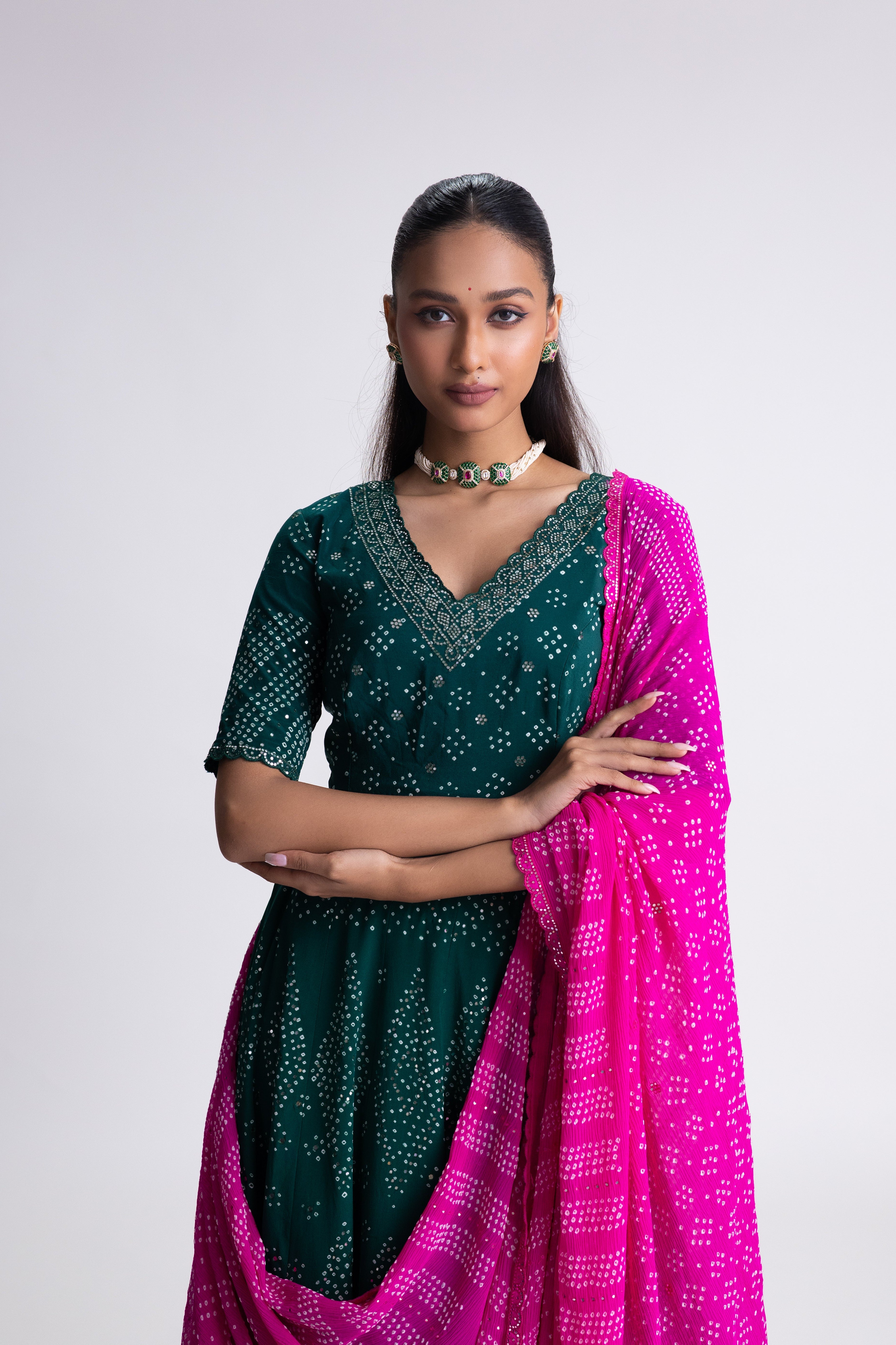 Crepe Bandhani Lehenga Set - Green Rani