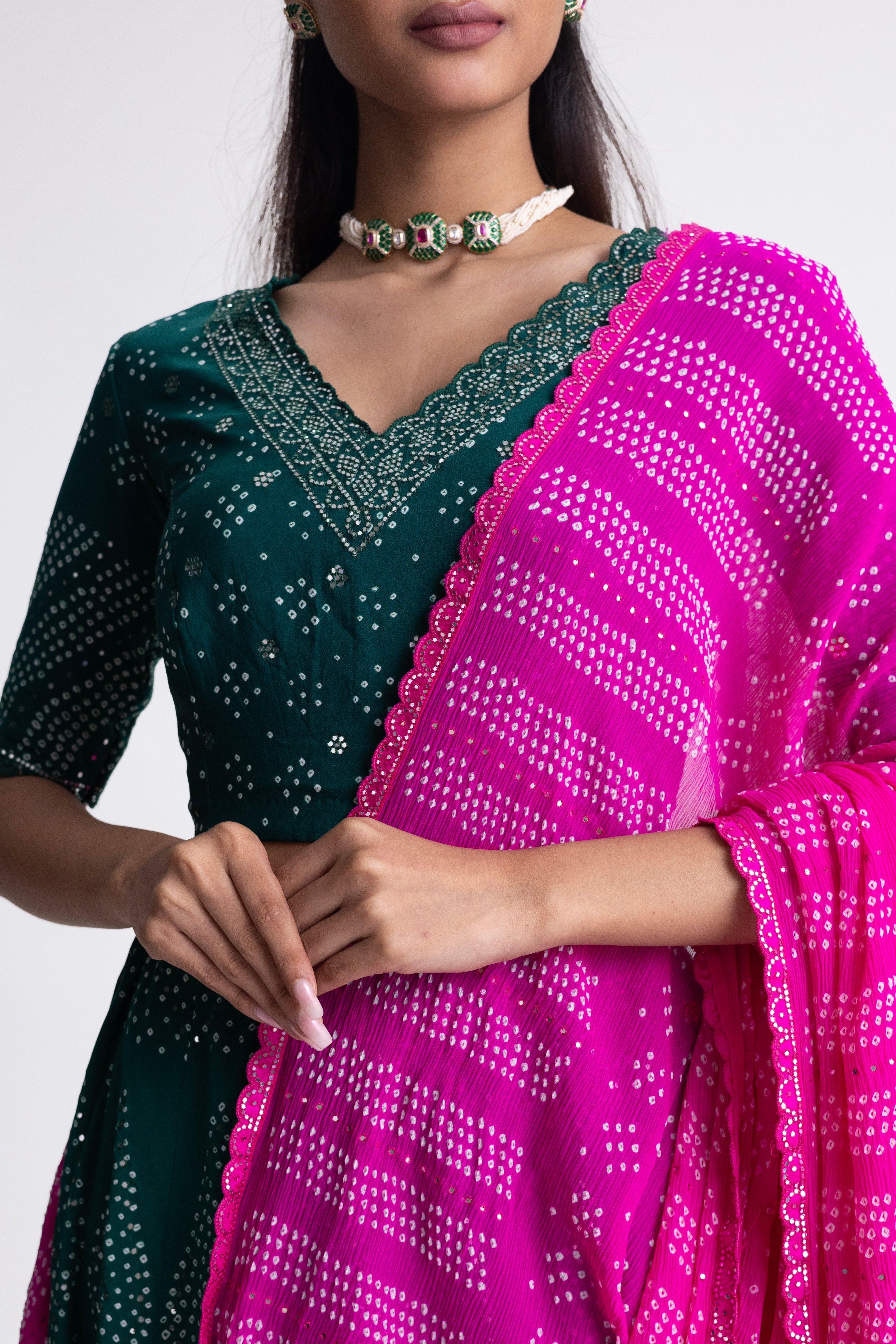 Crepe Bandhani Lehenga Set - Green Rani