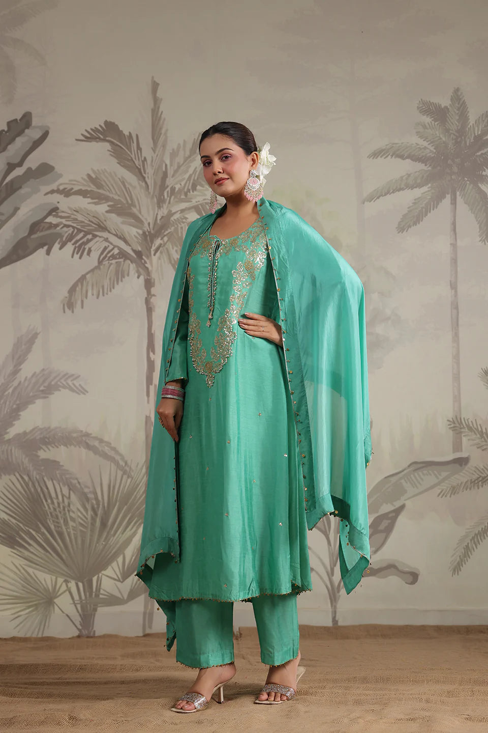 Sea Green Roselyn Neck Embroidered Kurta Set