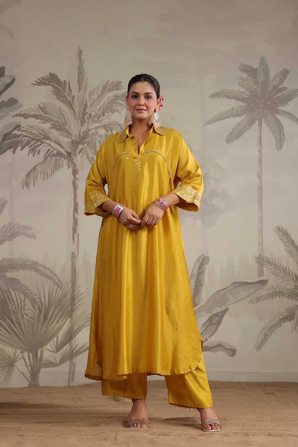 Yellow Roselyn Collar Embroidered Kurta Set
