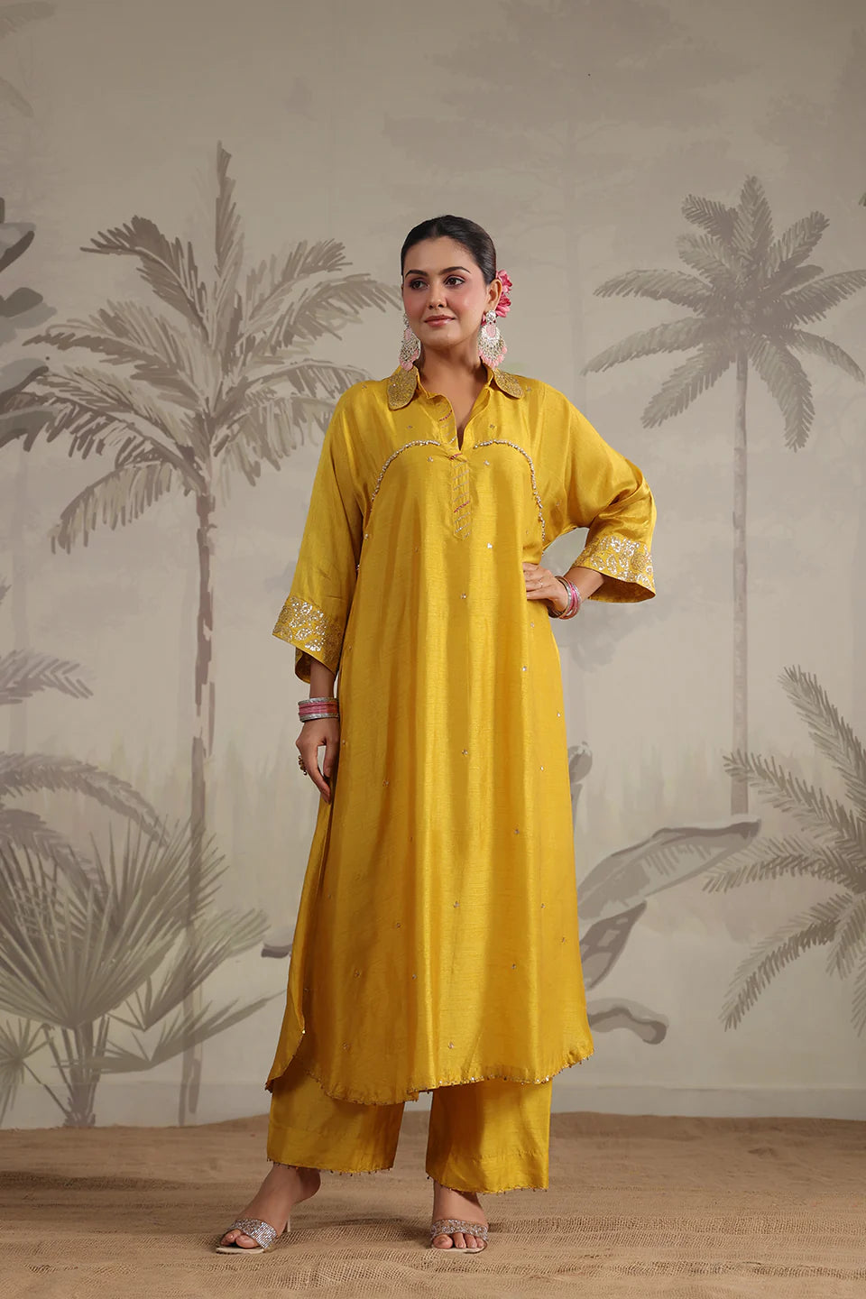 Yellow Roselyn Collar Embroidered Kurta Set