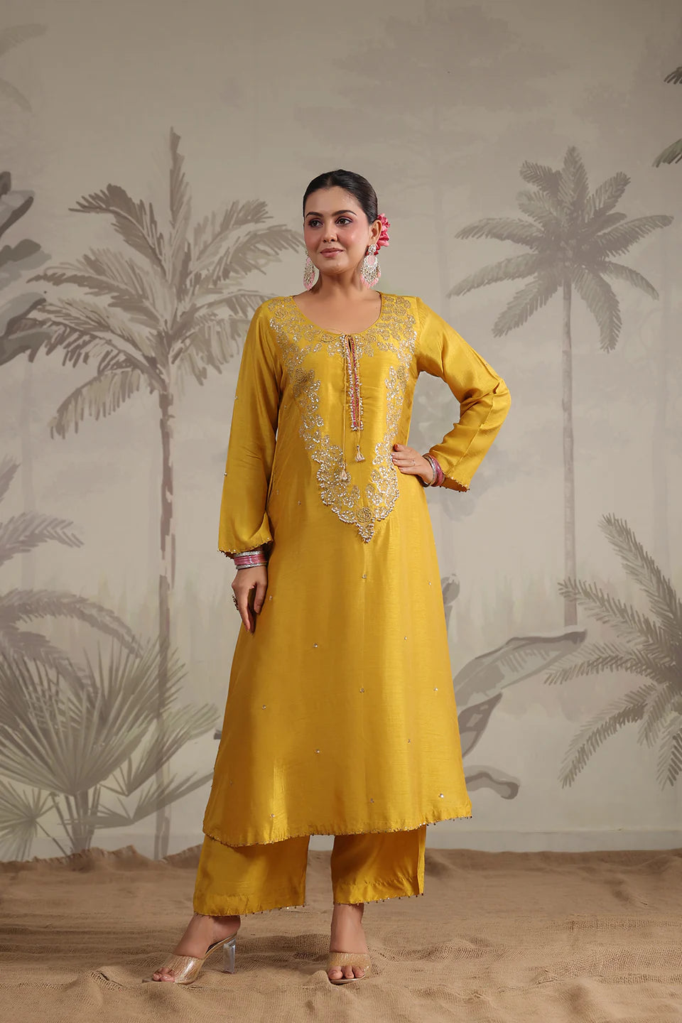 Yellow Roselyn Neck Embroidered Kurta Set