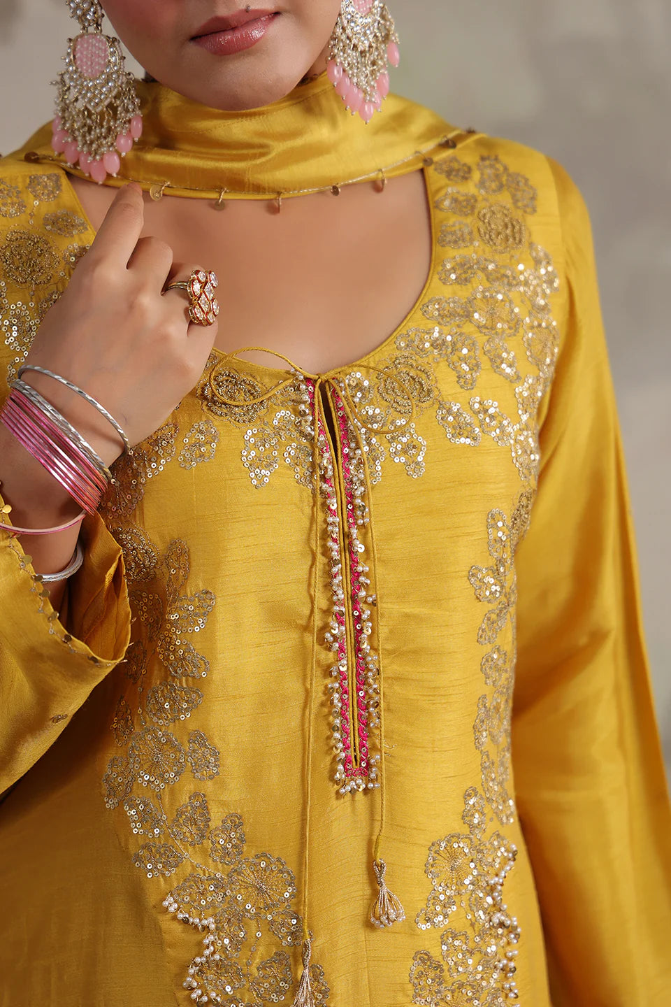 Yellow Roselyn Neck Embroidered Kurta Set