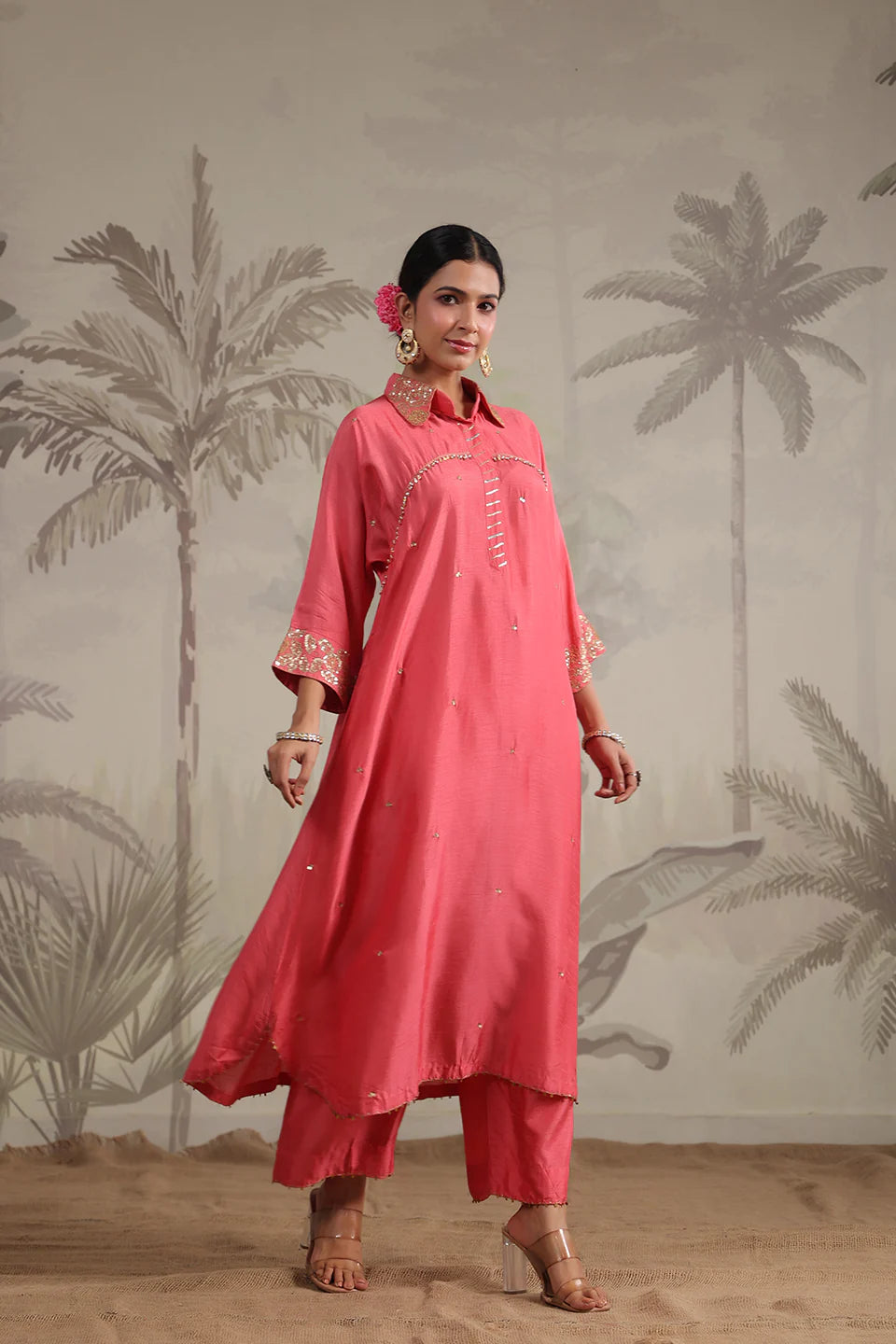Carrot Pink Roselyn Collar Embroidered Kurta Set