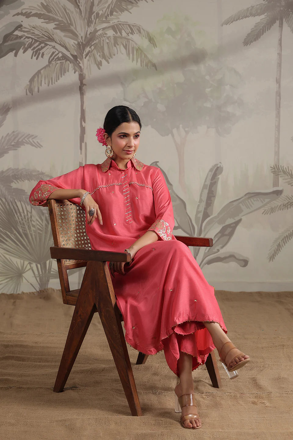 Carrot Pink Roselyn Collar Embroidered Kurta Set