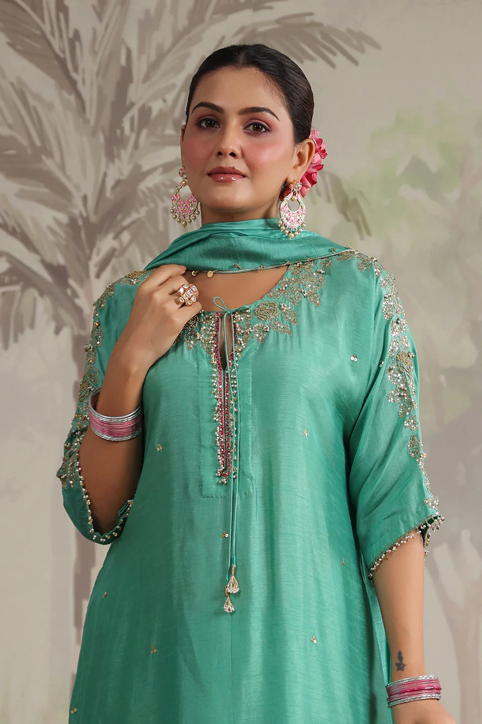 Sea Green Roselyn Shoulder Embroidered Kurta Set