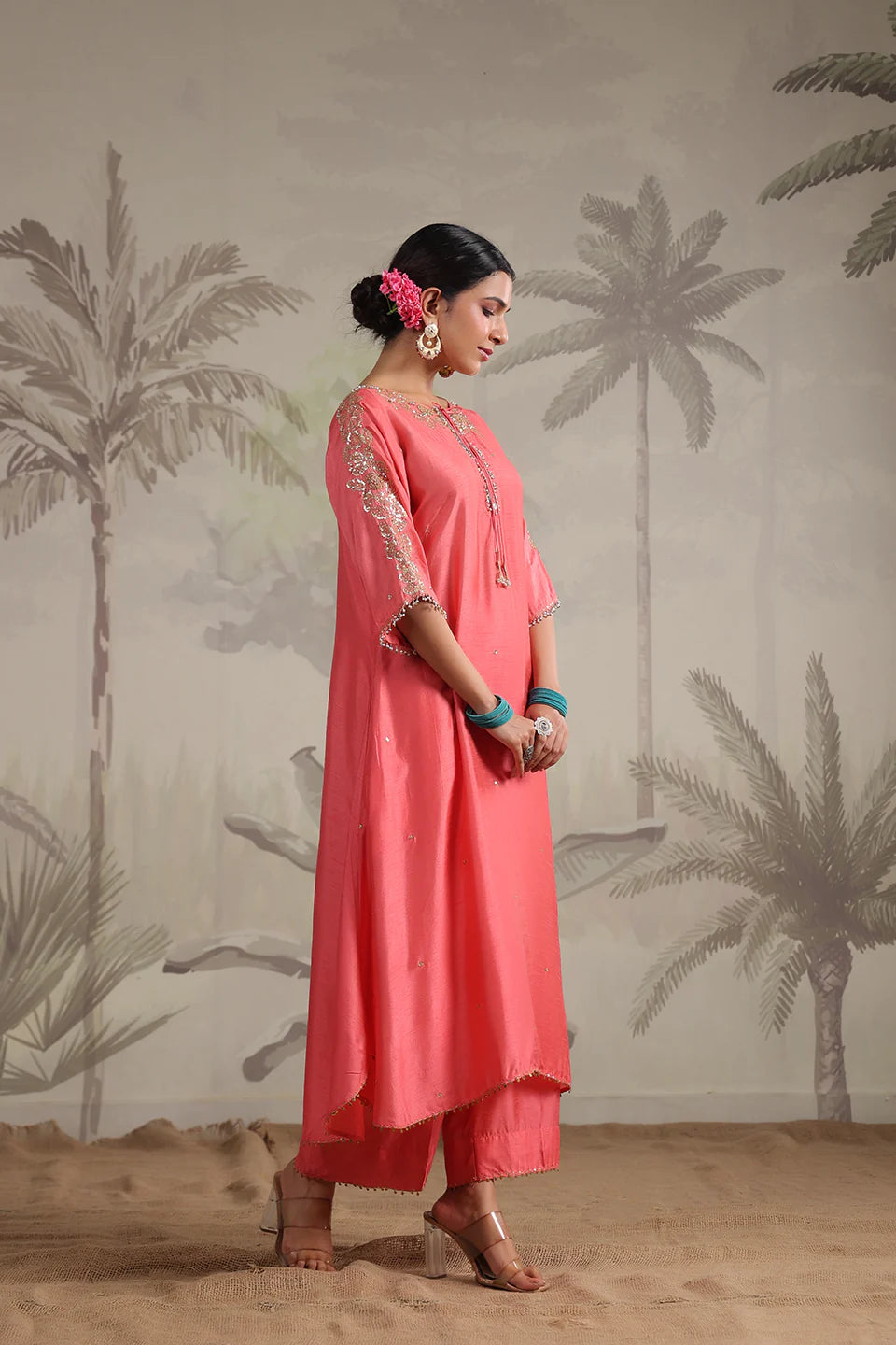 Carrot Pink Roselyn Shoulder Embroidered Kurta Set