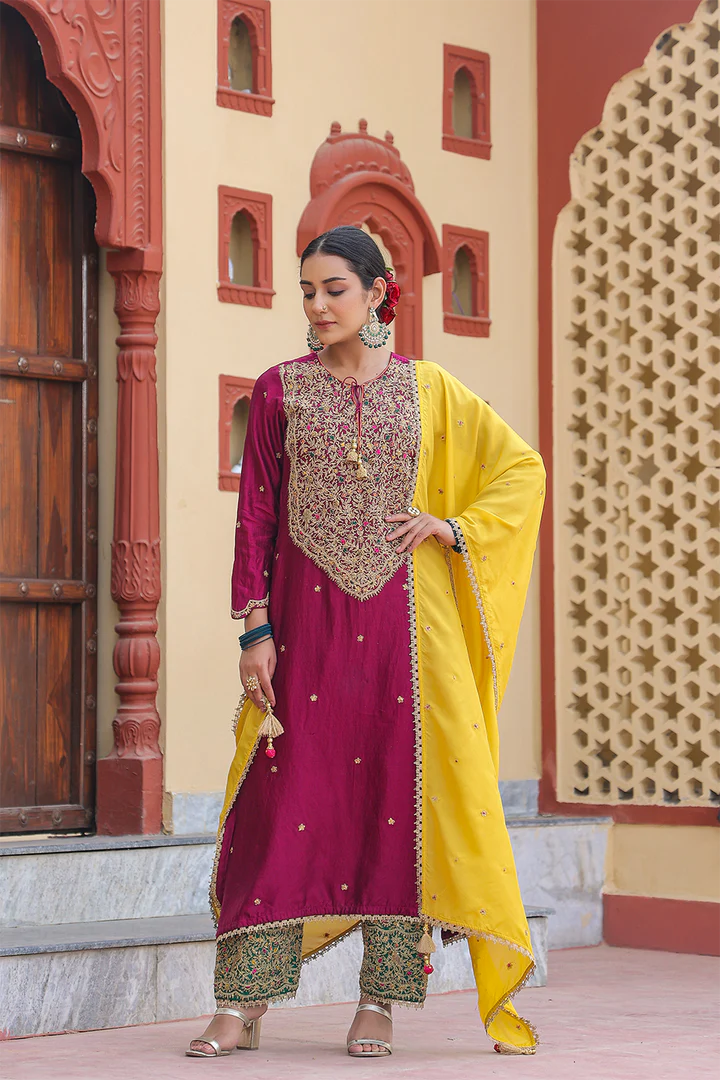 Wine - Green Bird Embroidered Long Kurta Set
