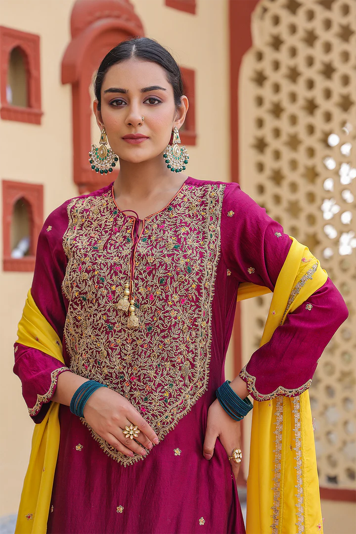 Wine - Green Bird Embroidered Long Kurta Set