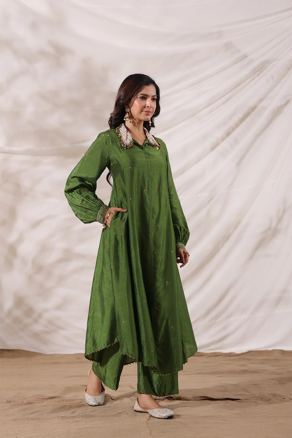 Olive Green Pankh Shirt Style Embroidered Kurta Set