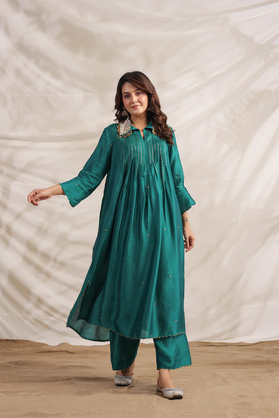 Teal Pankh Pintuck Embroidered Kurta Set
