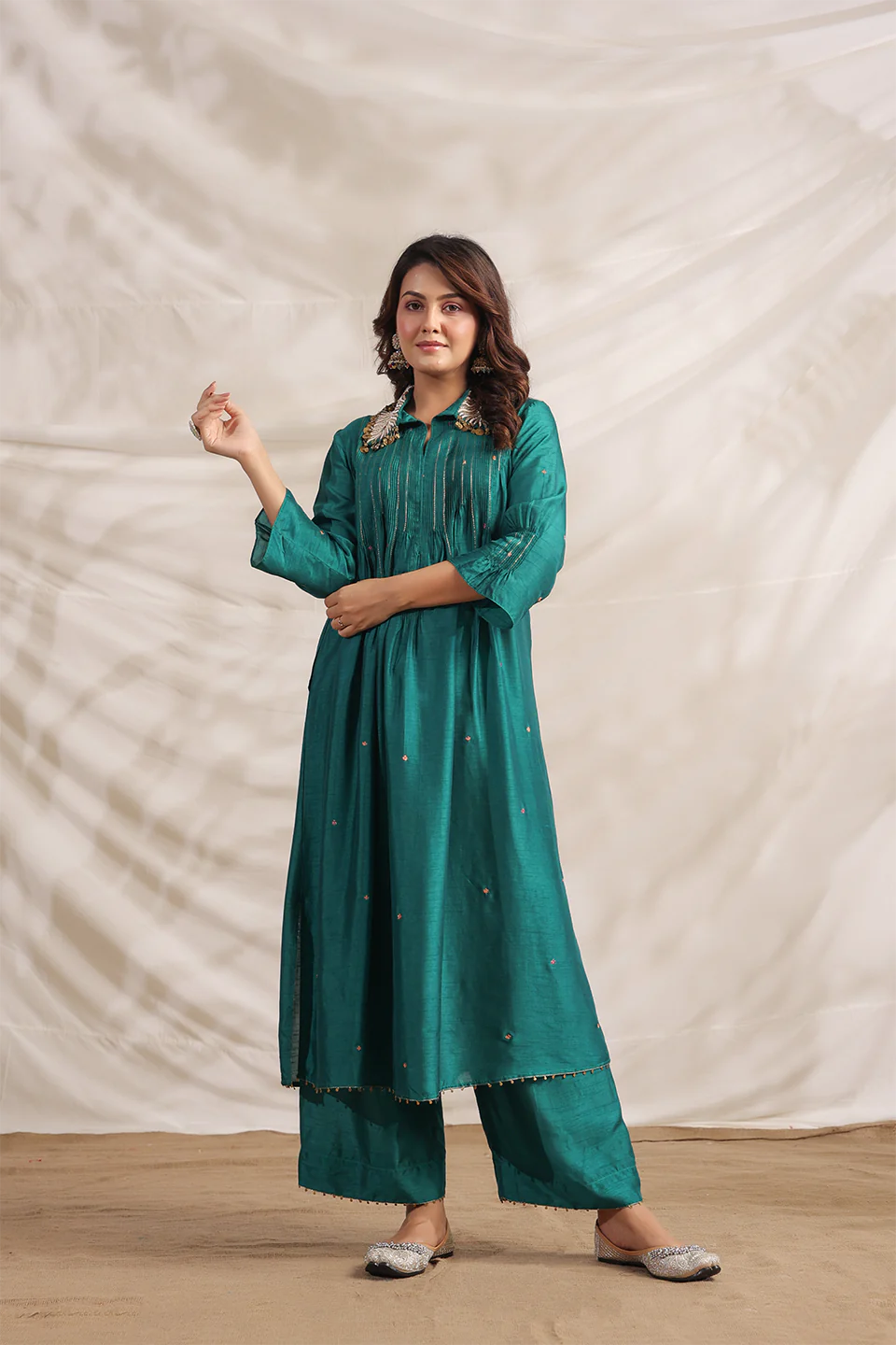 Teal Pankh Pintuck Embroidered Kurta Set