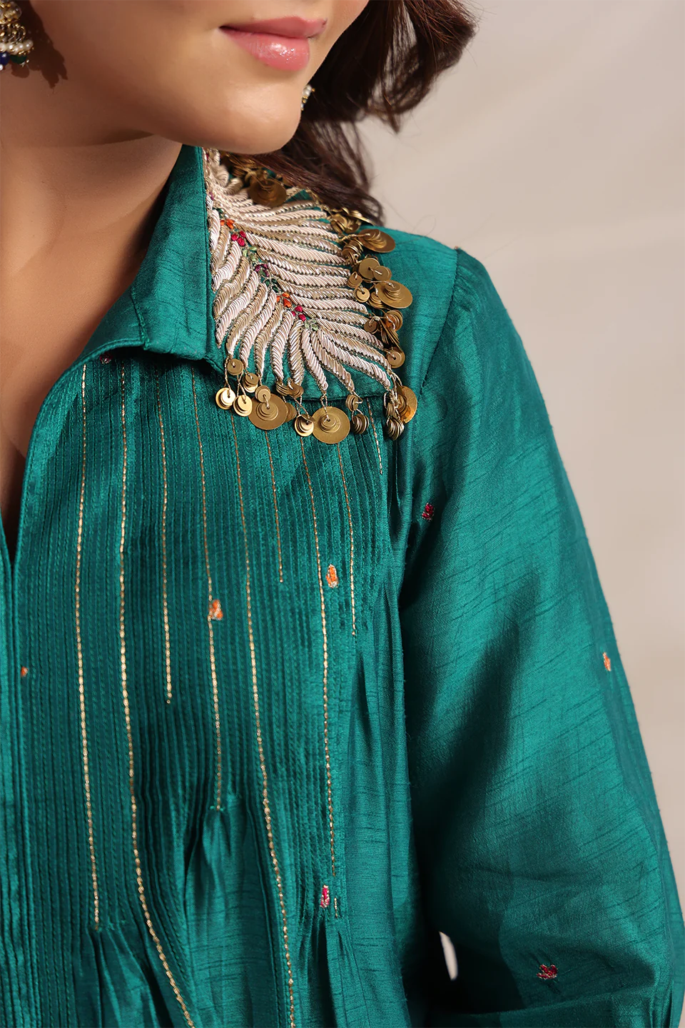 Teal Pankh Pintuck Embroidered Kurta Set