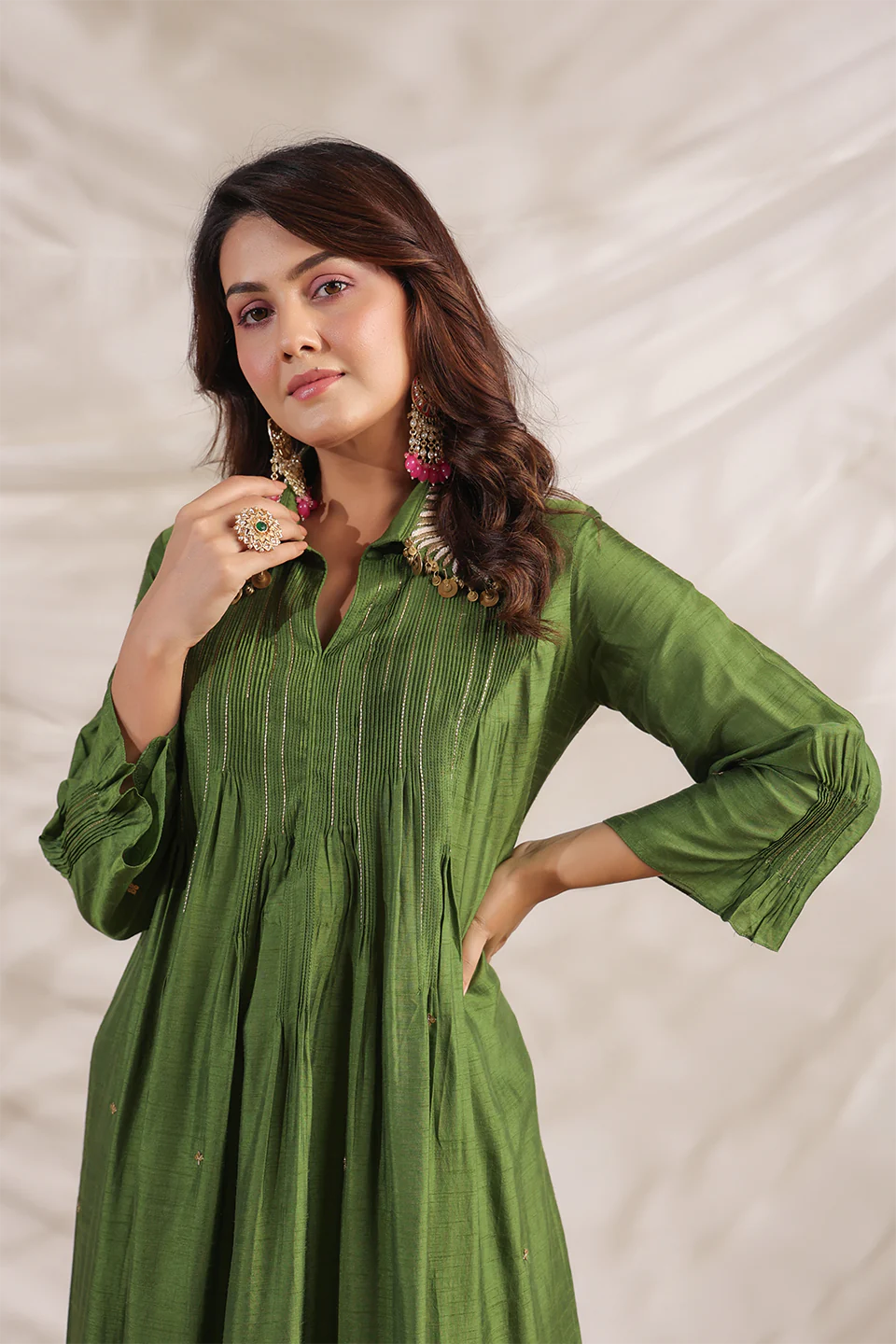 Olive Green Pankh Pintuck Embroidered Kurta Set