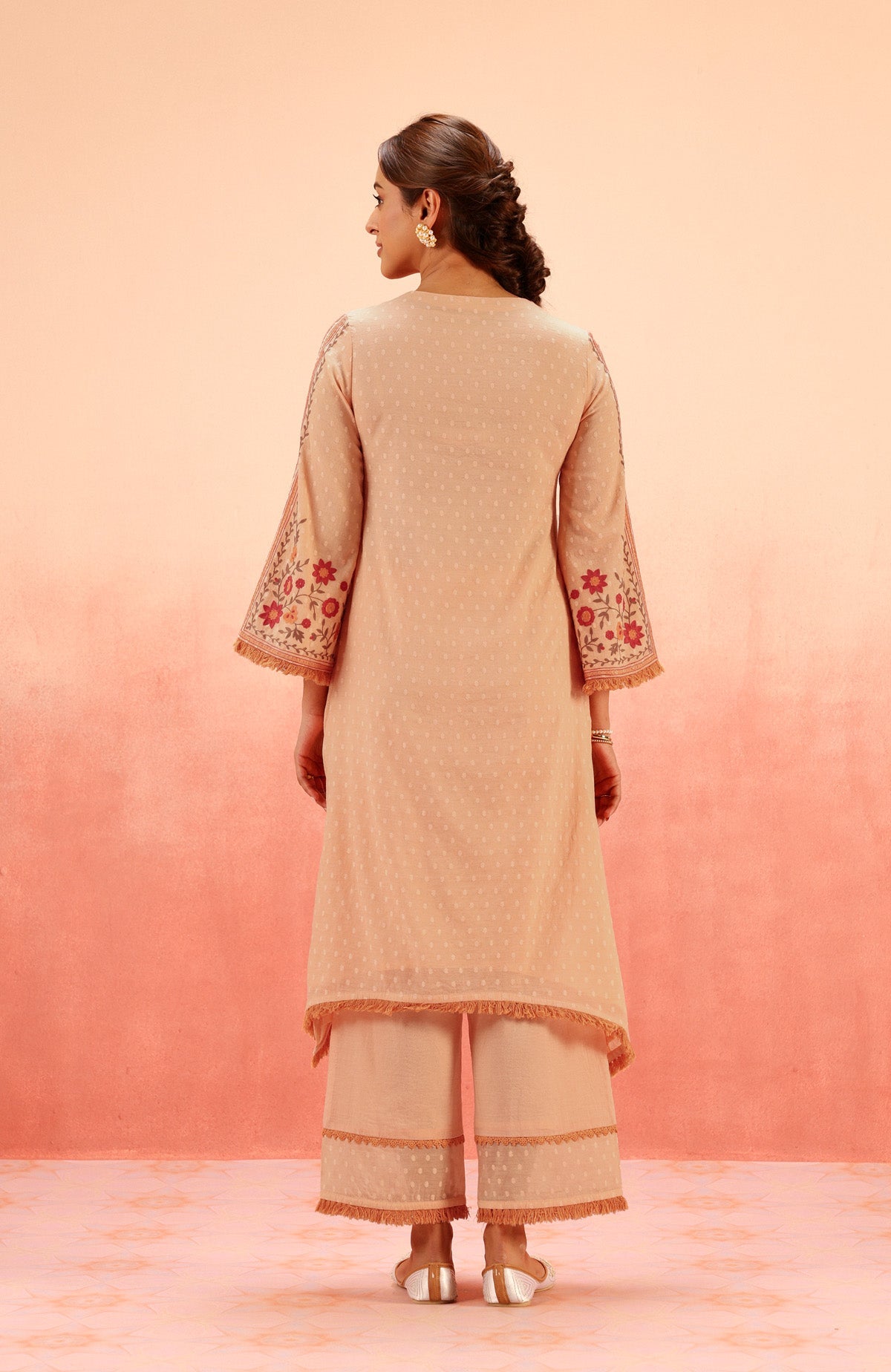 RESHM CORAL JACQUARD EMBROIDERED KURTA SET
