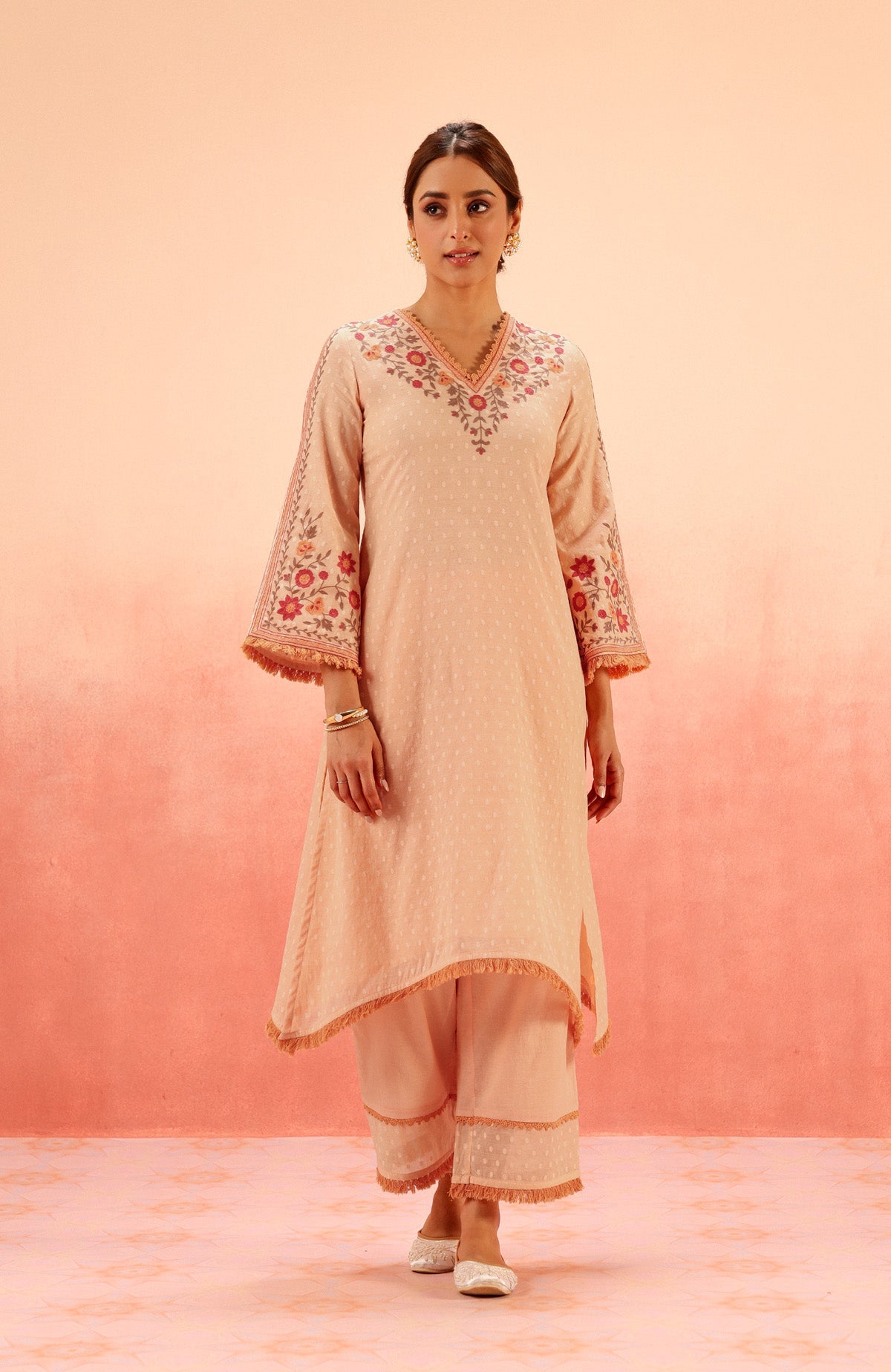 RESHM CORAL JACQUARD EMBROIDERED KURTA SET