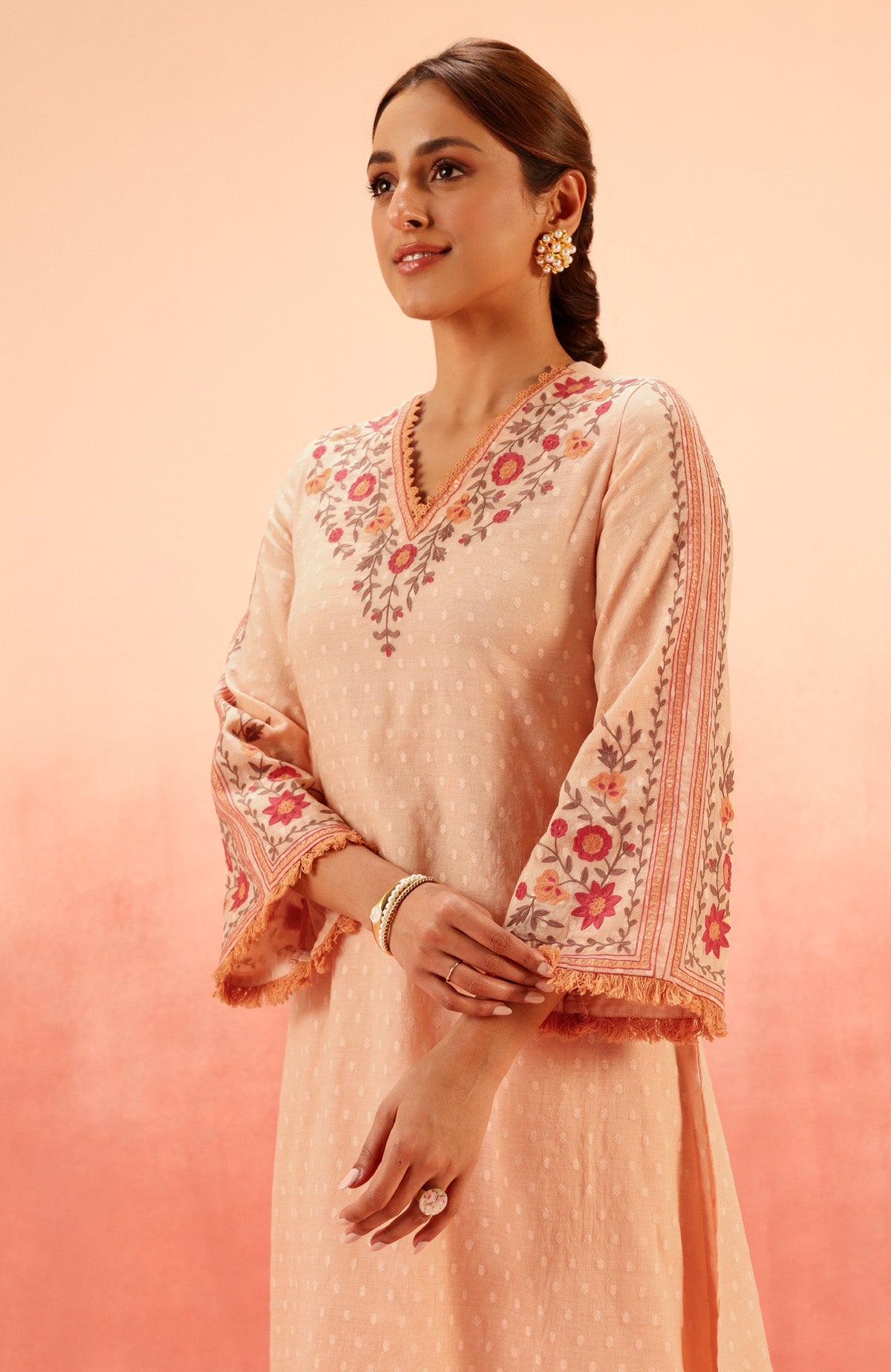 RESHM CORAL JACQUARD EMBROIDERED KURTA SET