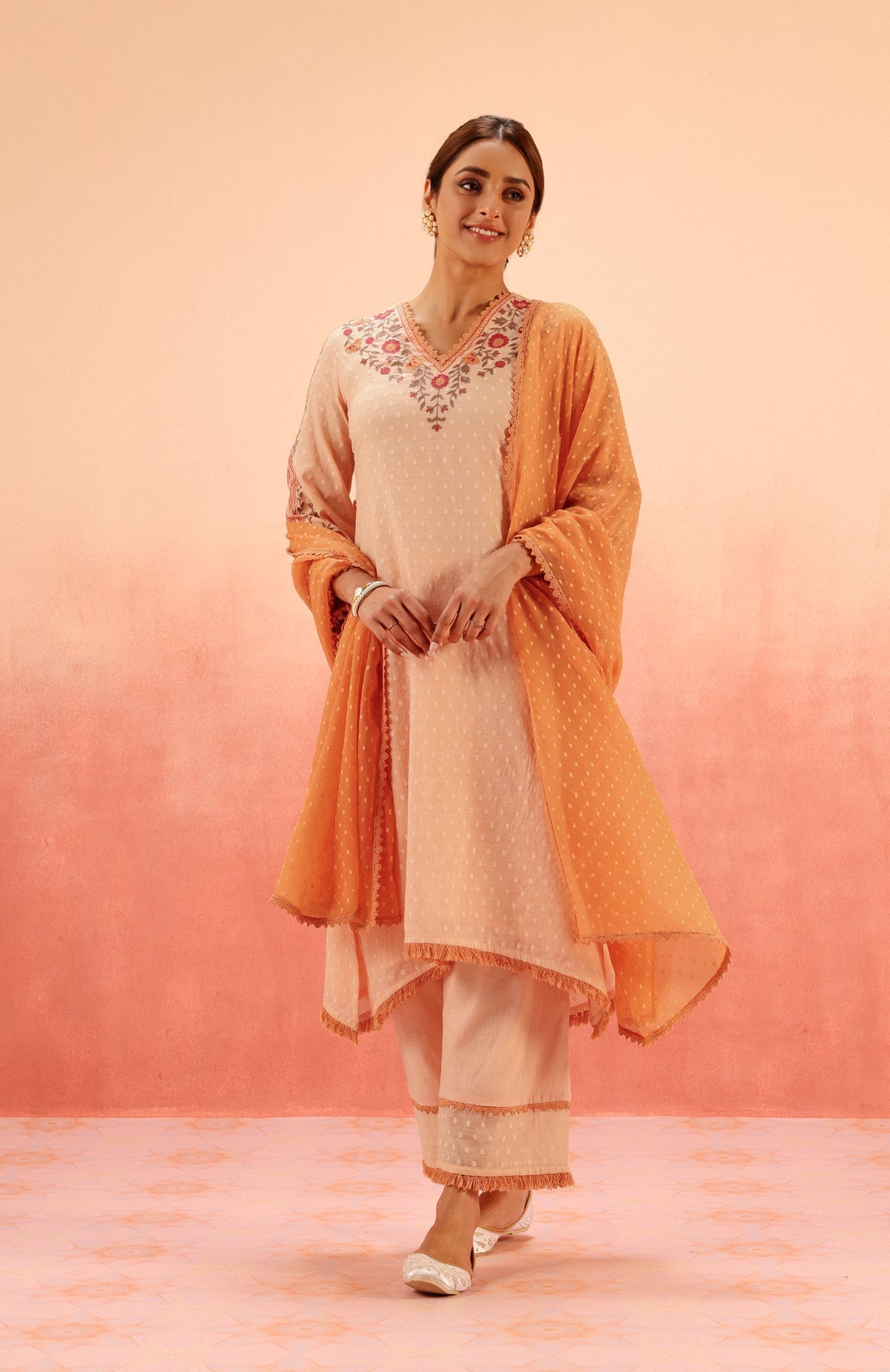 RESHM CORAL JACQUARD EMBROIDERED KURTA SET