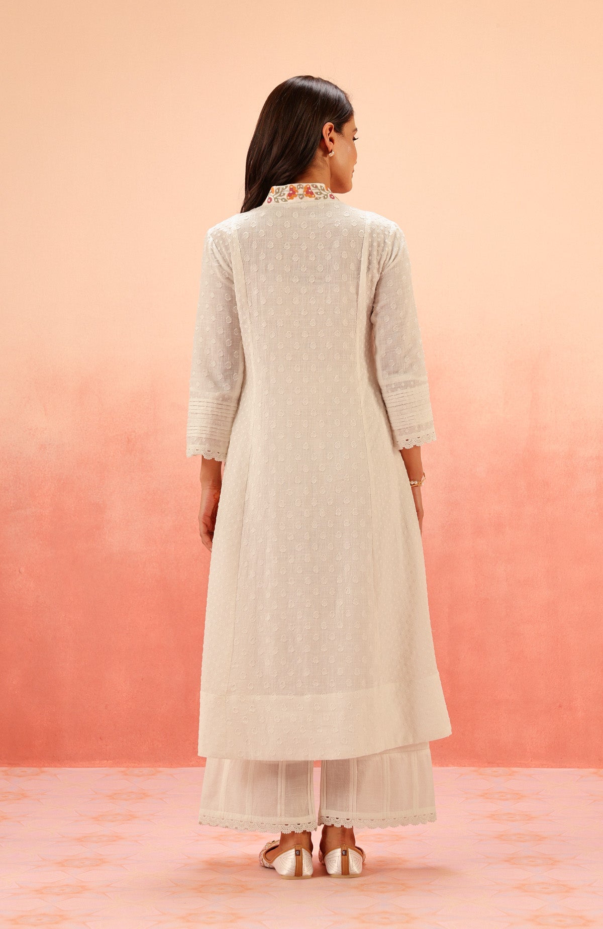 SUMANA WHITE COTTON SLUB JACQUARD HANDCRAFTED KURTA SET