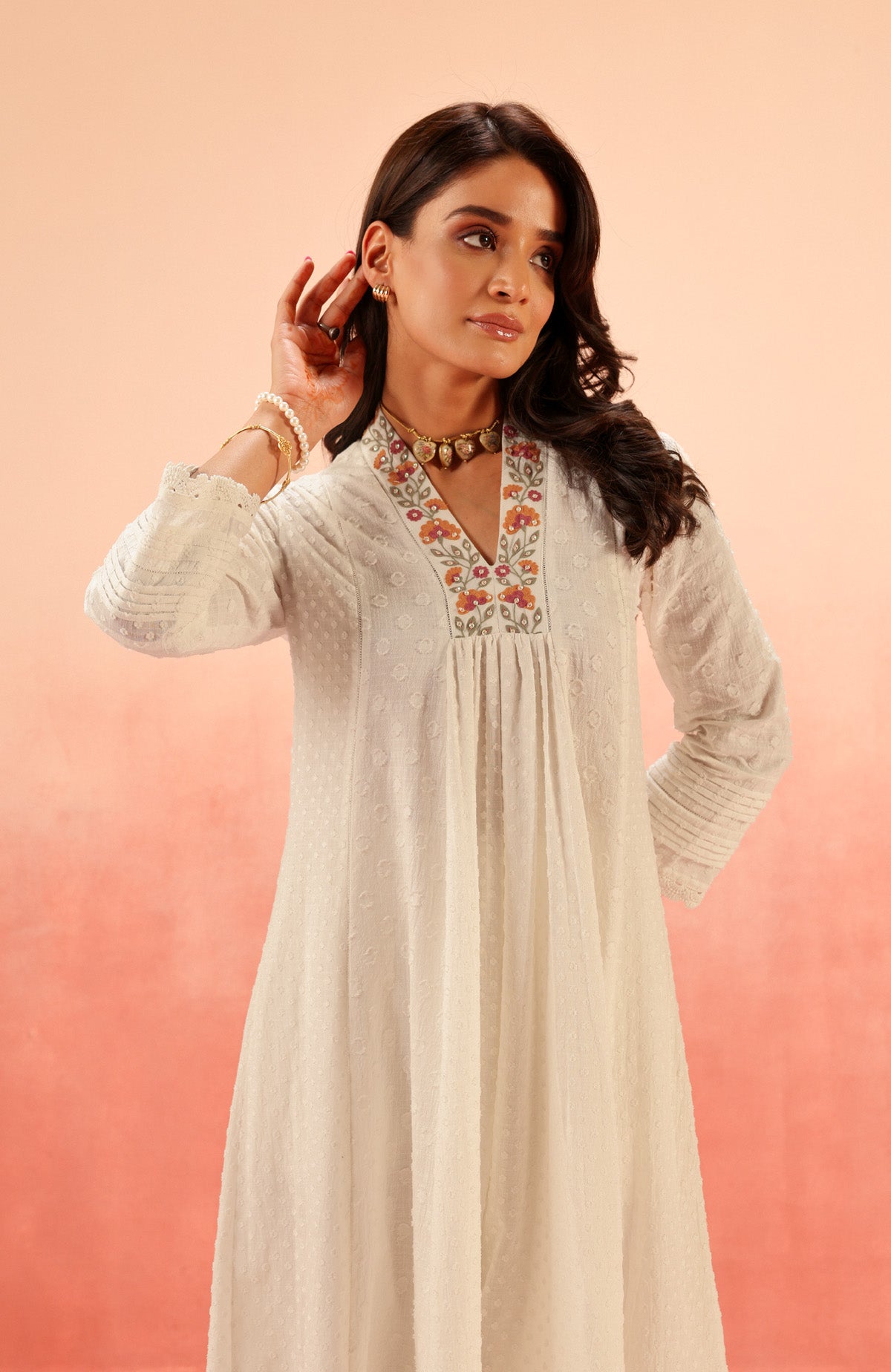 SUMANA WHITE COTTON SLUB JACQUARD HANDCRAFTED KURTA SET