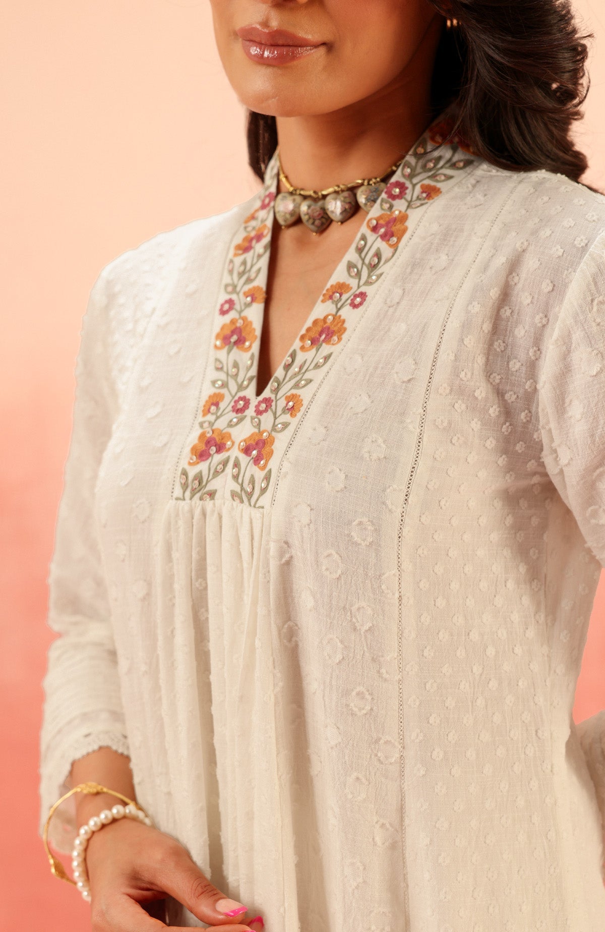 SUMANA WHITE COTTON SLUB JACQUARD HANDCRAFTED KURTA SET