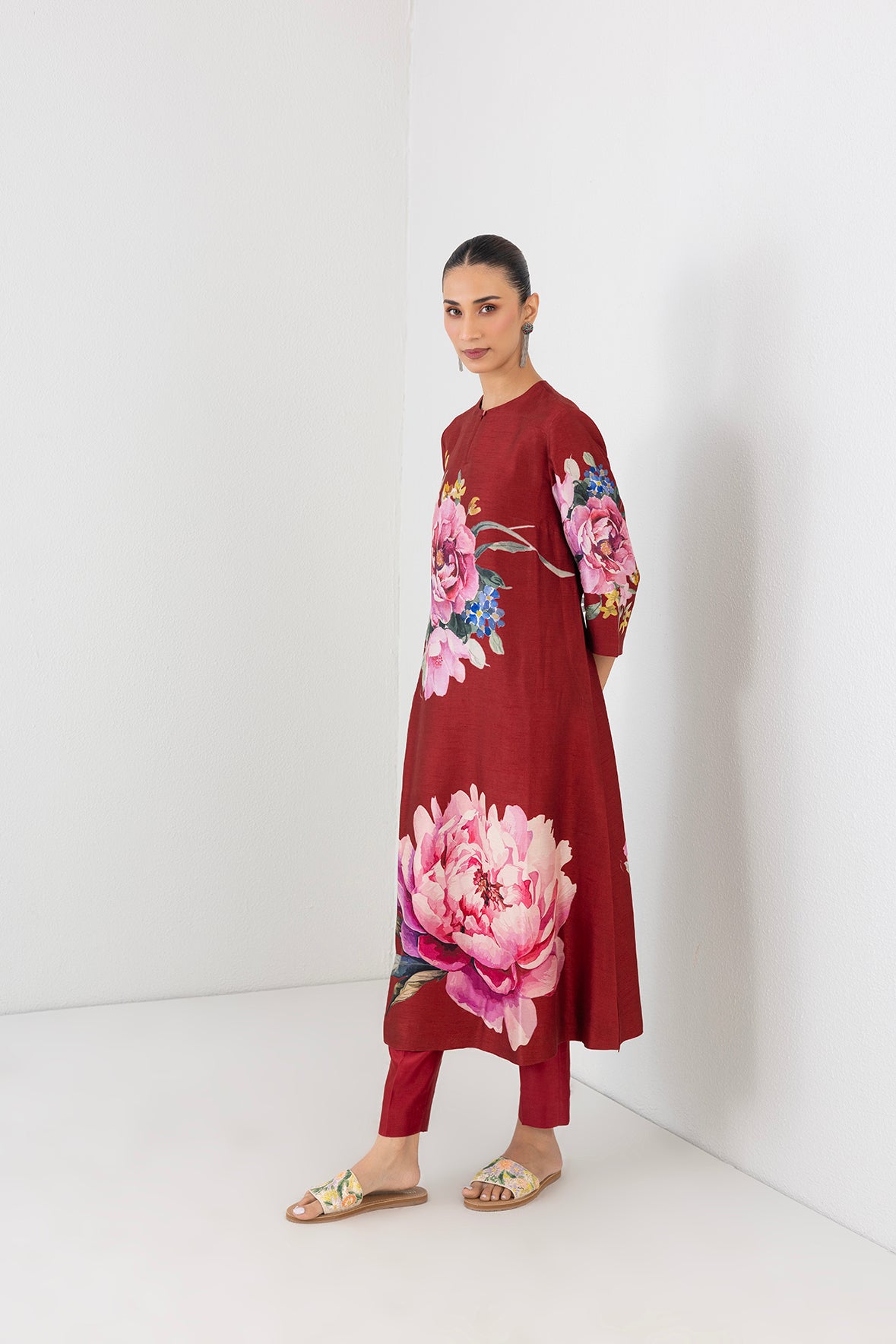 Poppy Blaze Red Dupion China Rose Printed Tunic