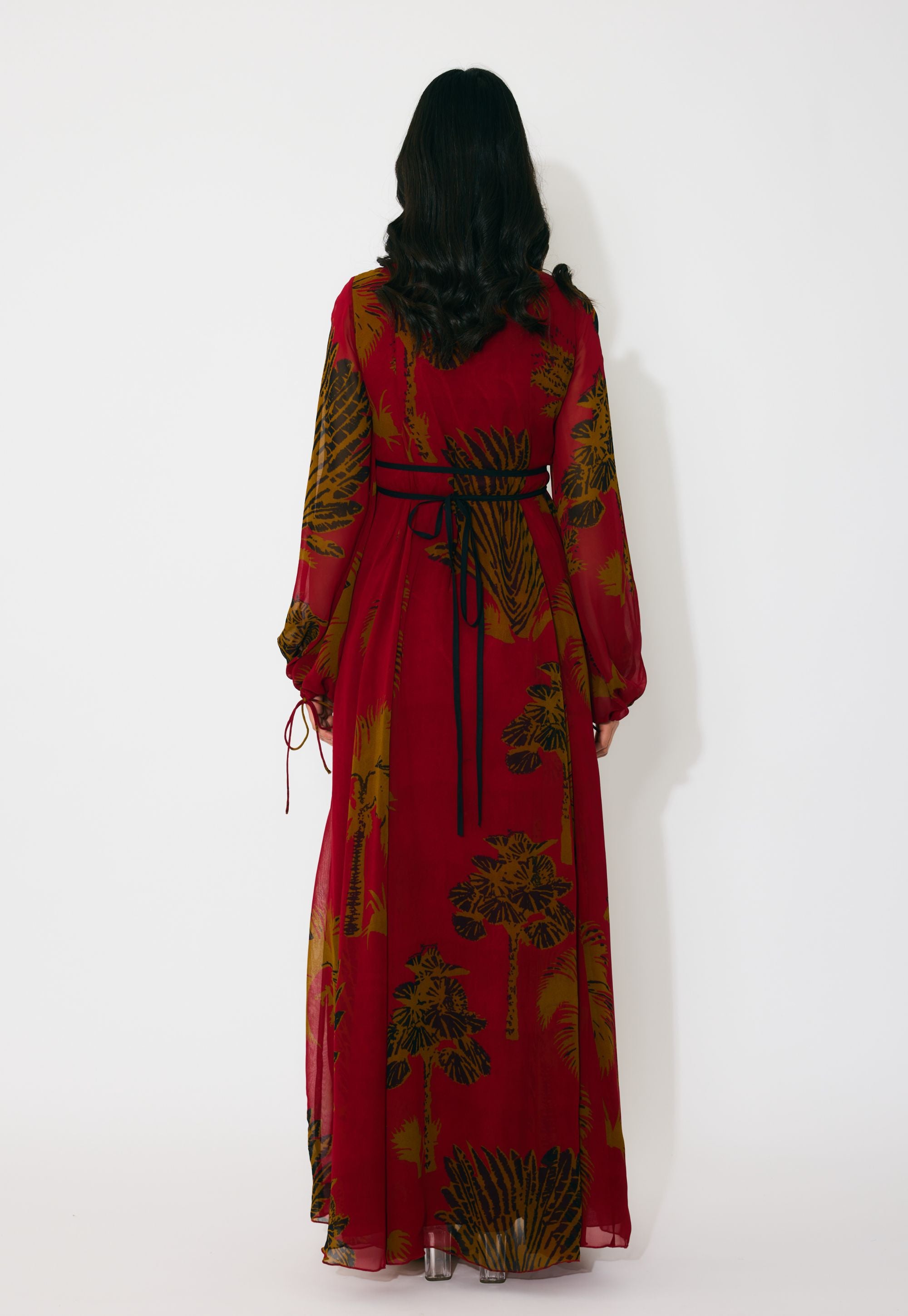 RED, MUSTARD AND BLACK FLORAL LONG SHIRT DRESS