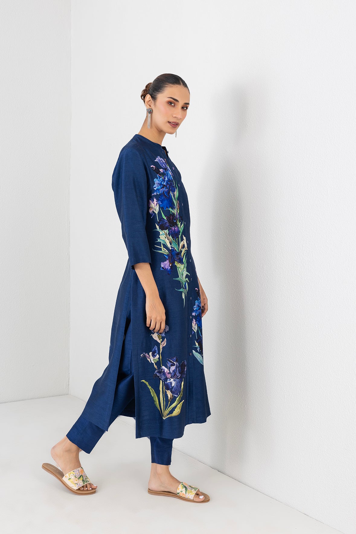 Blue Lagoon Dupion Floral Buta Printed Tunic