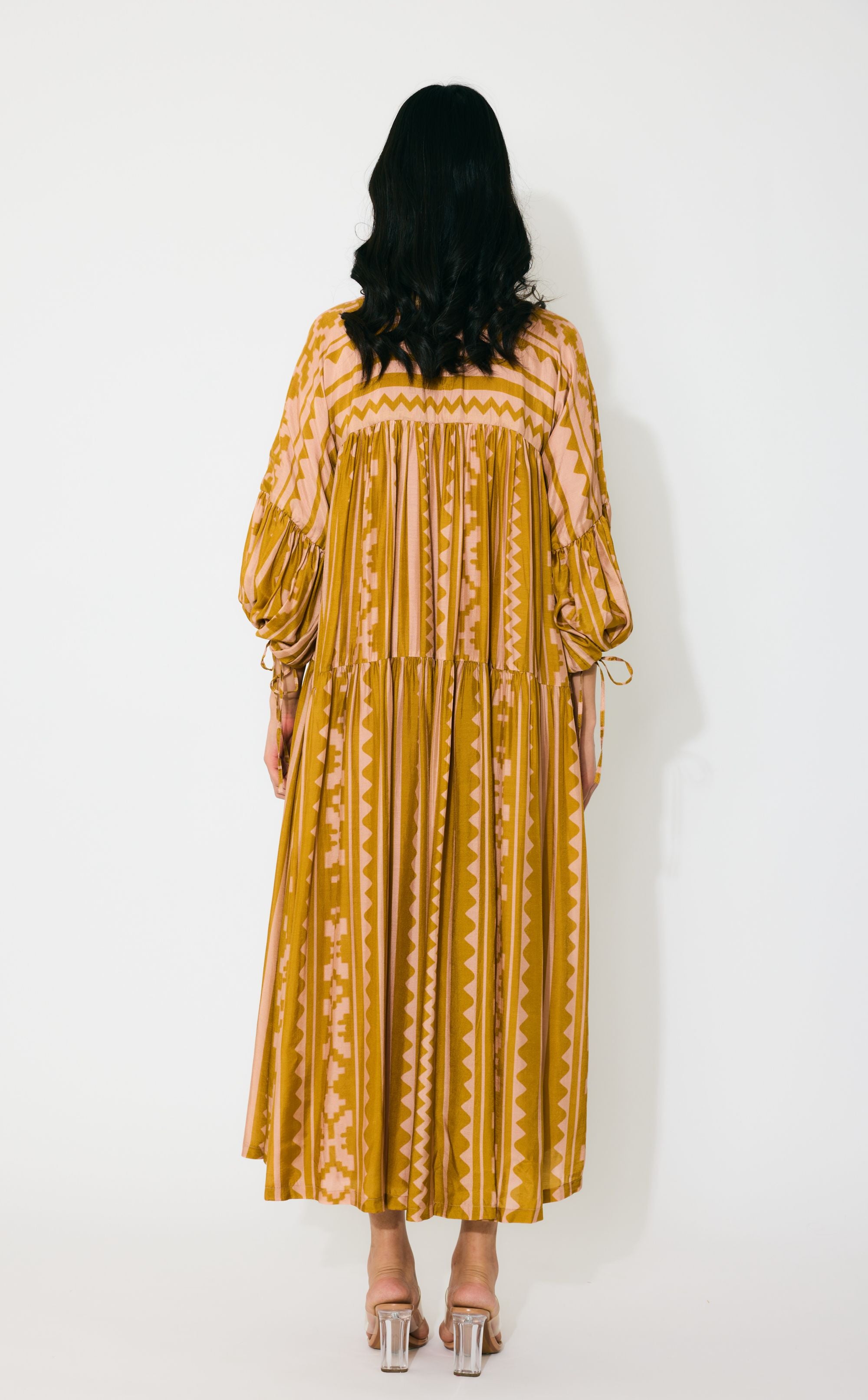 MUSTARD AND PEACH PATTERN MIDI DRESS