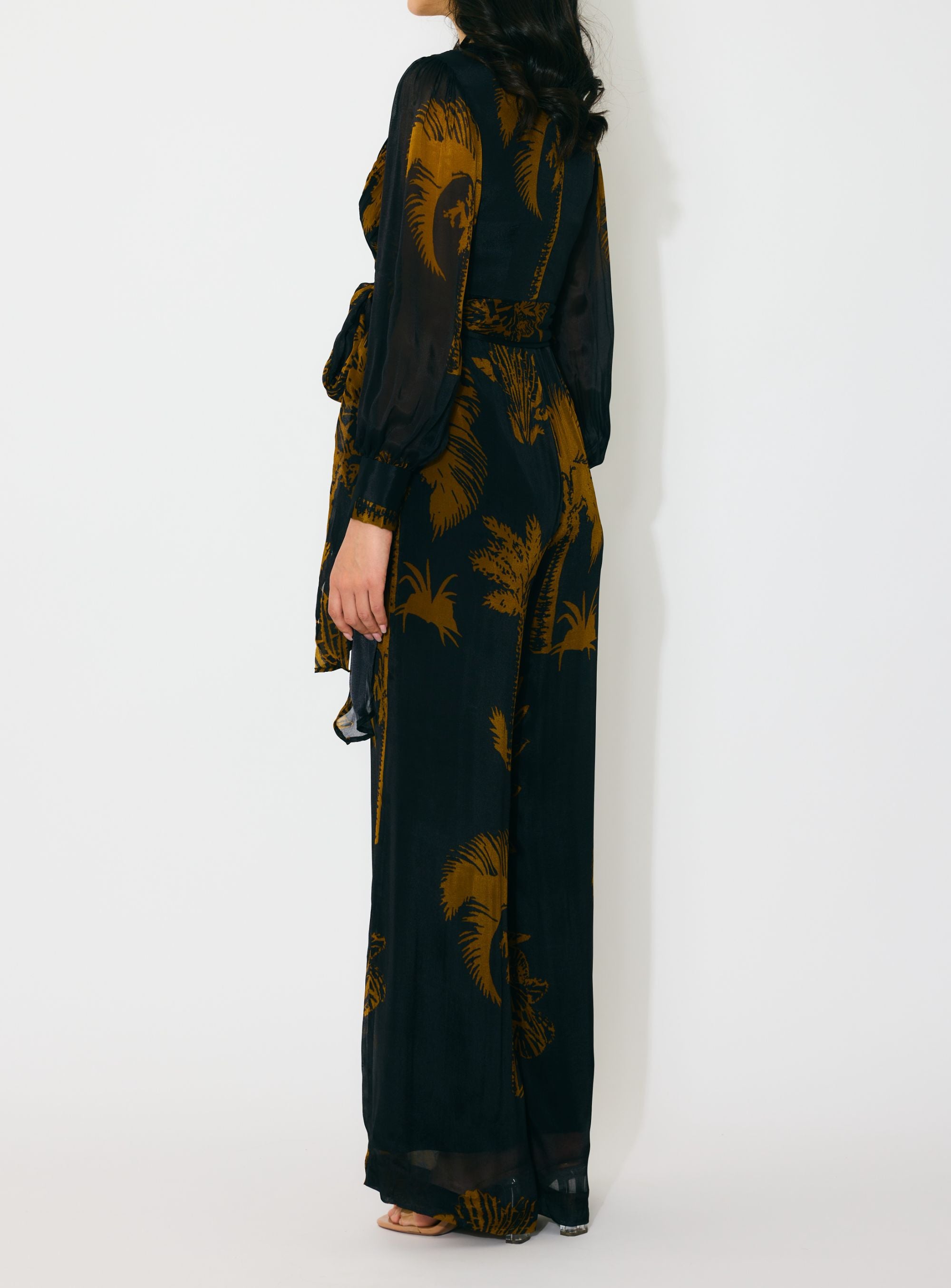 BLACK AND GOLD FLORAL WRAP JUMPSUIT