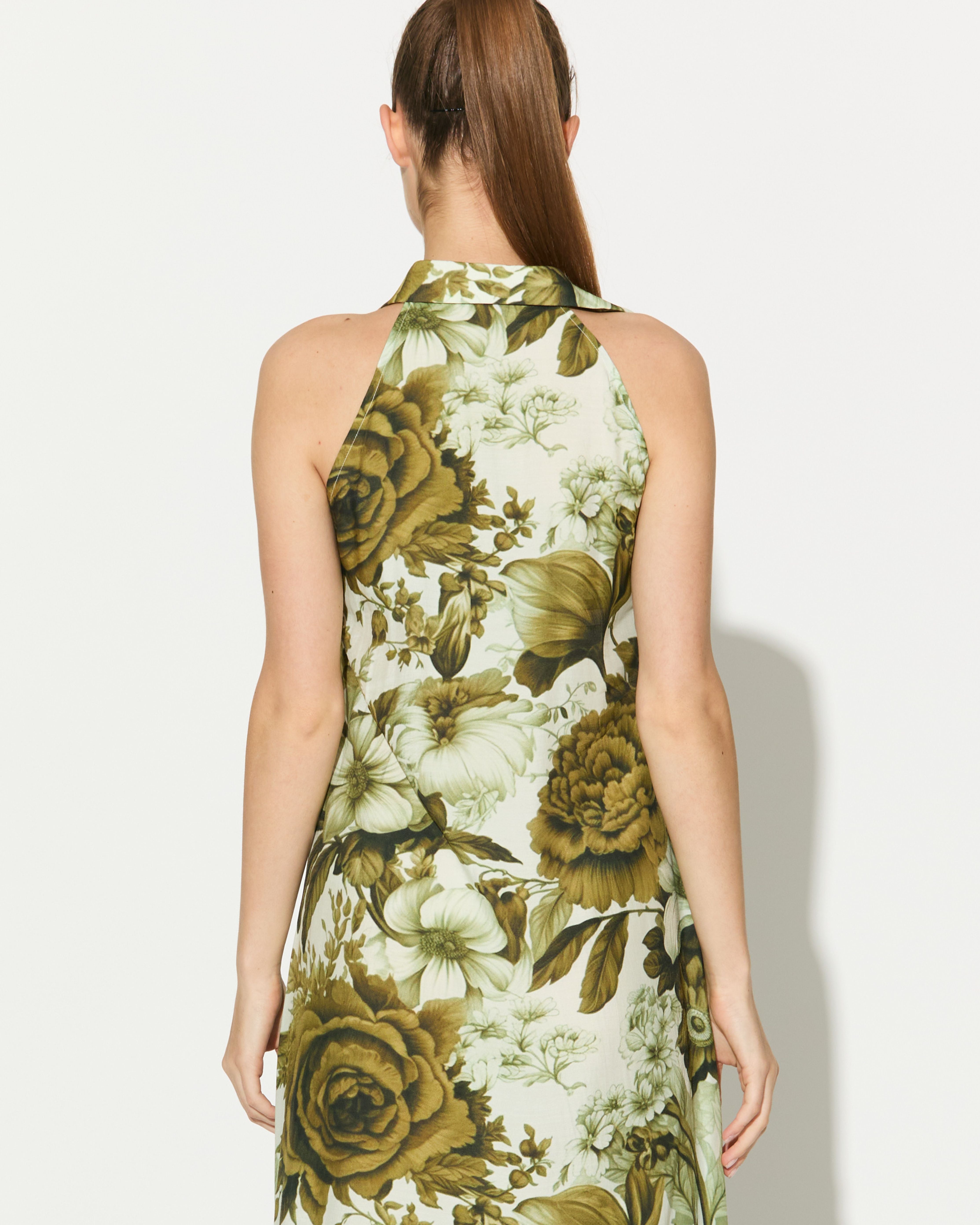 CREAM AND OLIVE FLORAL SLEEVELESS SHIRT DRESS