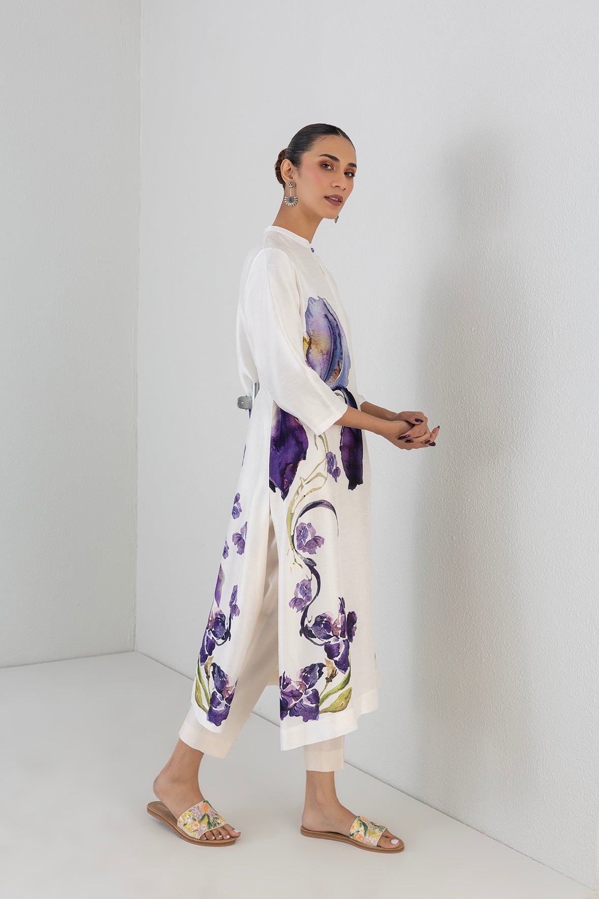 Pearl Ivory Dupion Iris Lily Printed Tunic