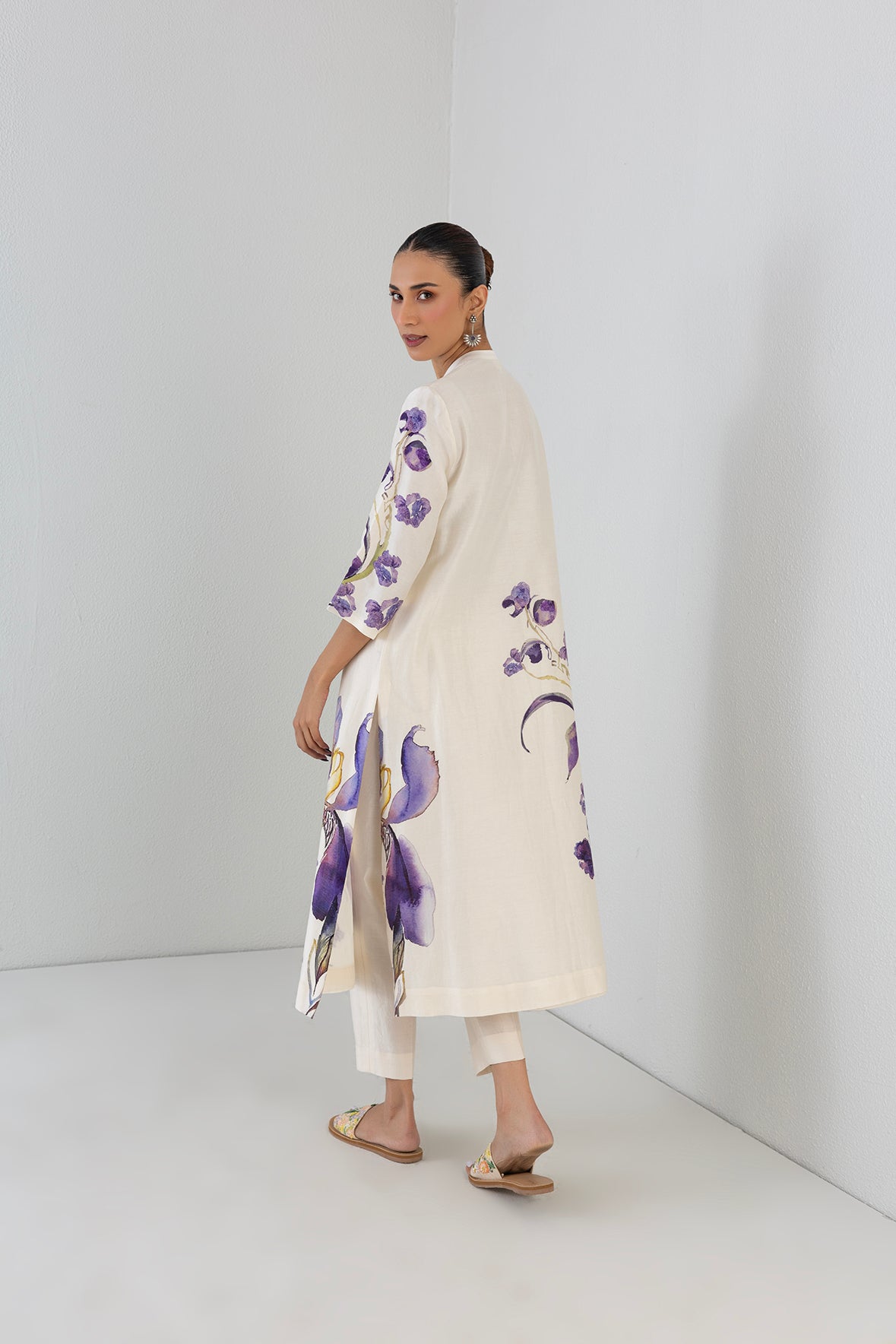 Dove Mist Silk Chanderi Iris Lily Printed Tunic
