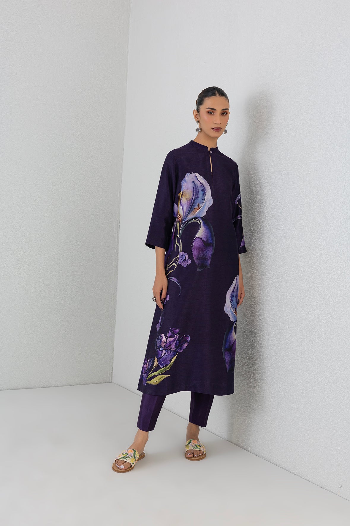 Eggplant Purple Dupion Iris Lily Printed Tunic