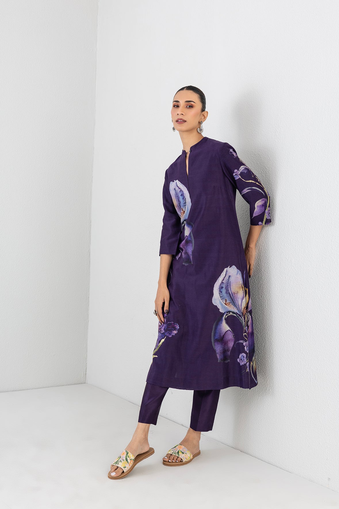 Violet Abyss Silk Chanderi Iris Lily Printed Tunic
