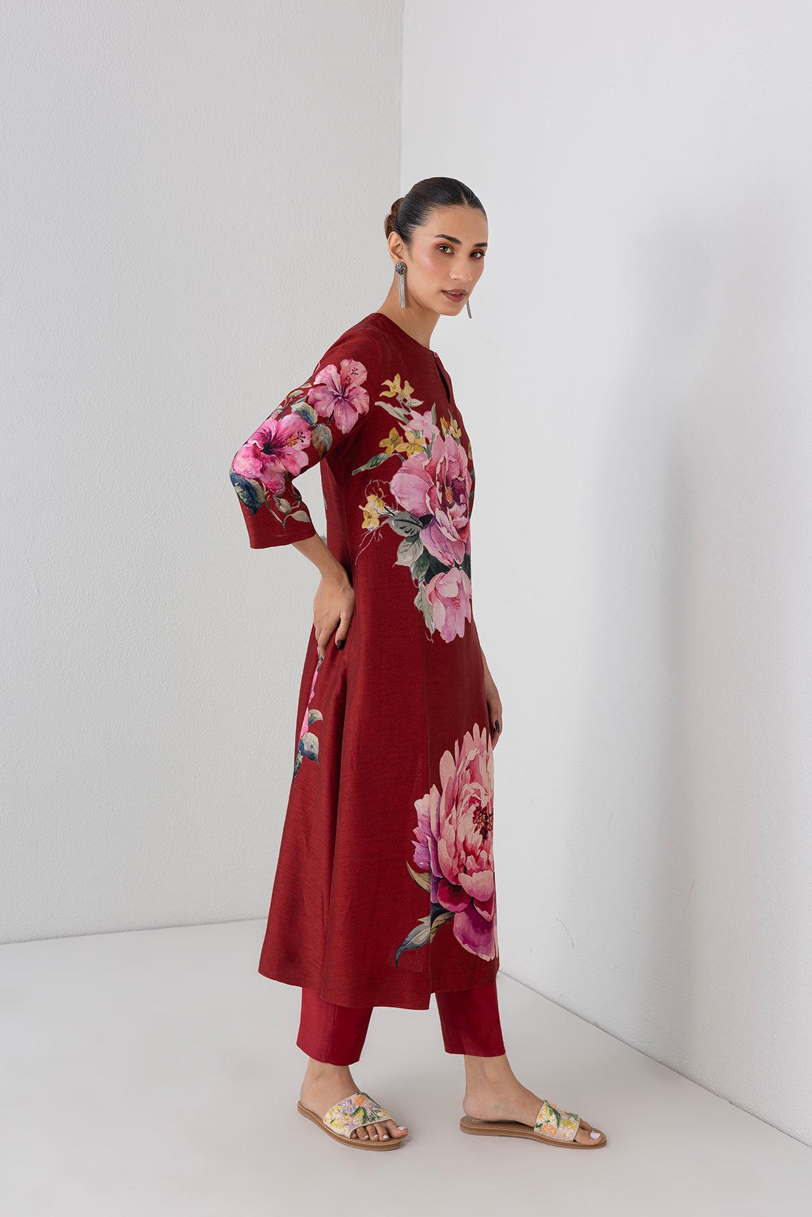 Poppy Blaze Red Dupion China Rose Printed Tunic