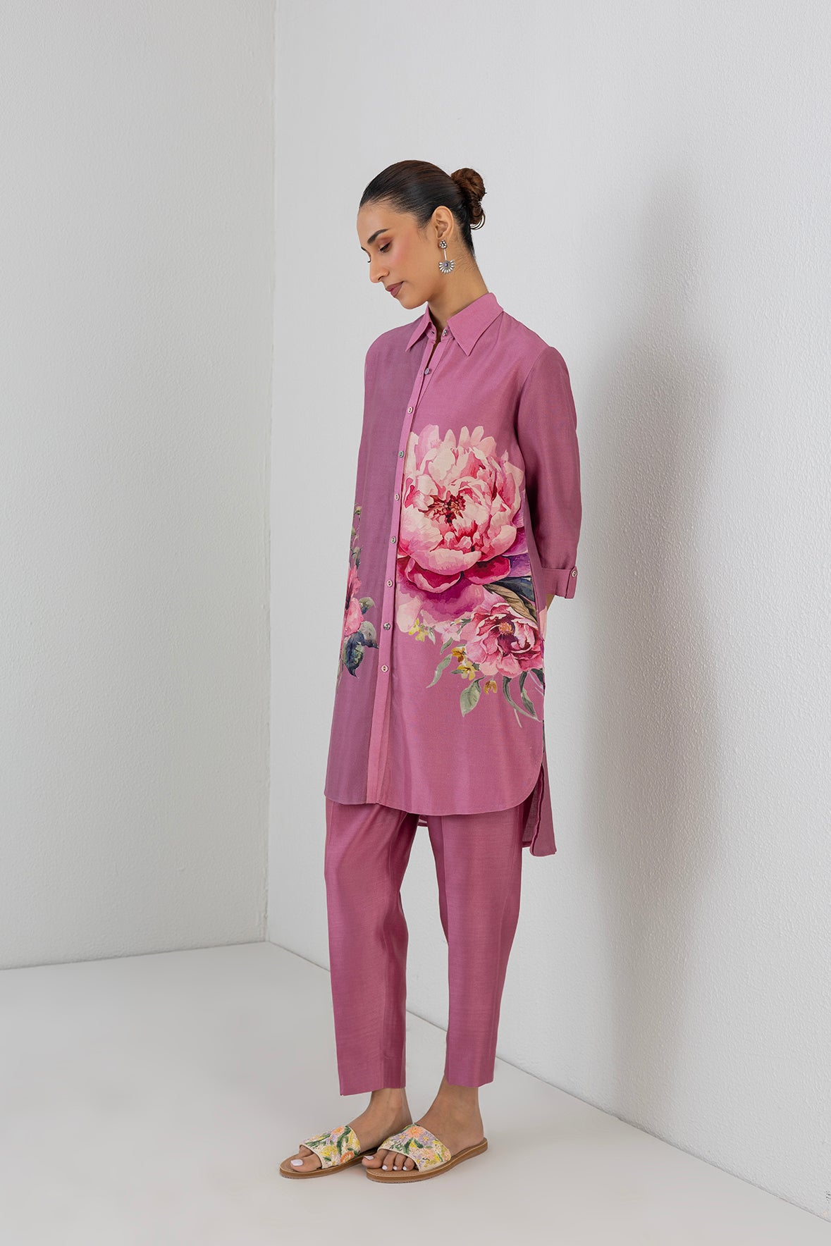 Blush Pink Silk Chanderi Peony Flower Printed Shirt