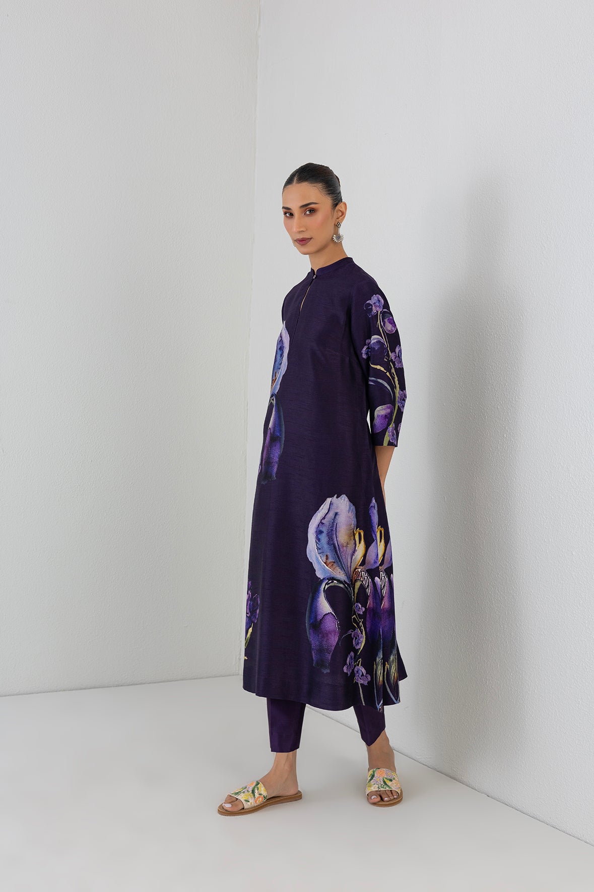 Eggplant Purple Dupion Iris Lily Printed Tunic