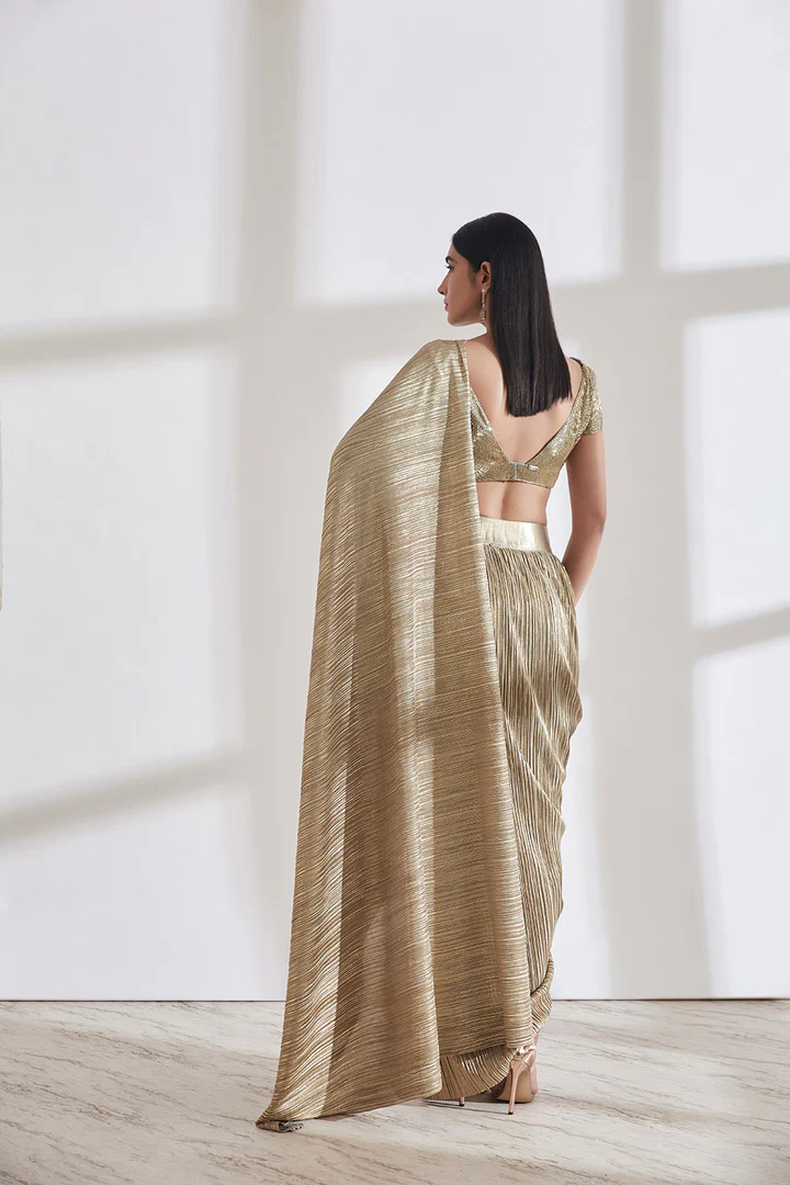 Gold Pre-draped Metallic Saree With Blouse