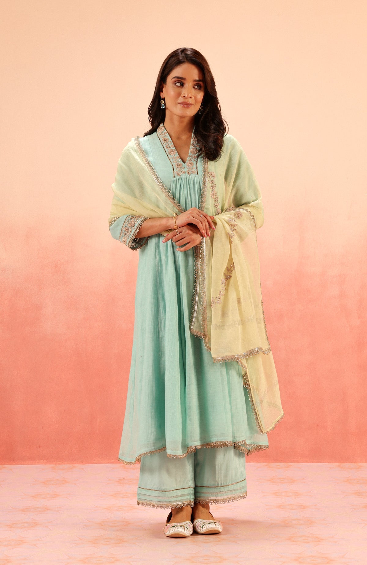 CHANDANI TURQUOISE COTTON SILK EMBROIDERED KURTA SET